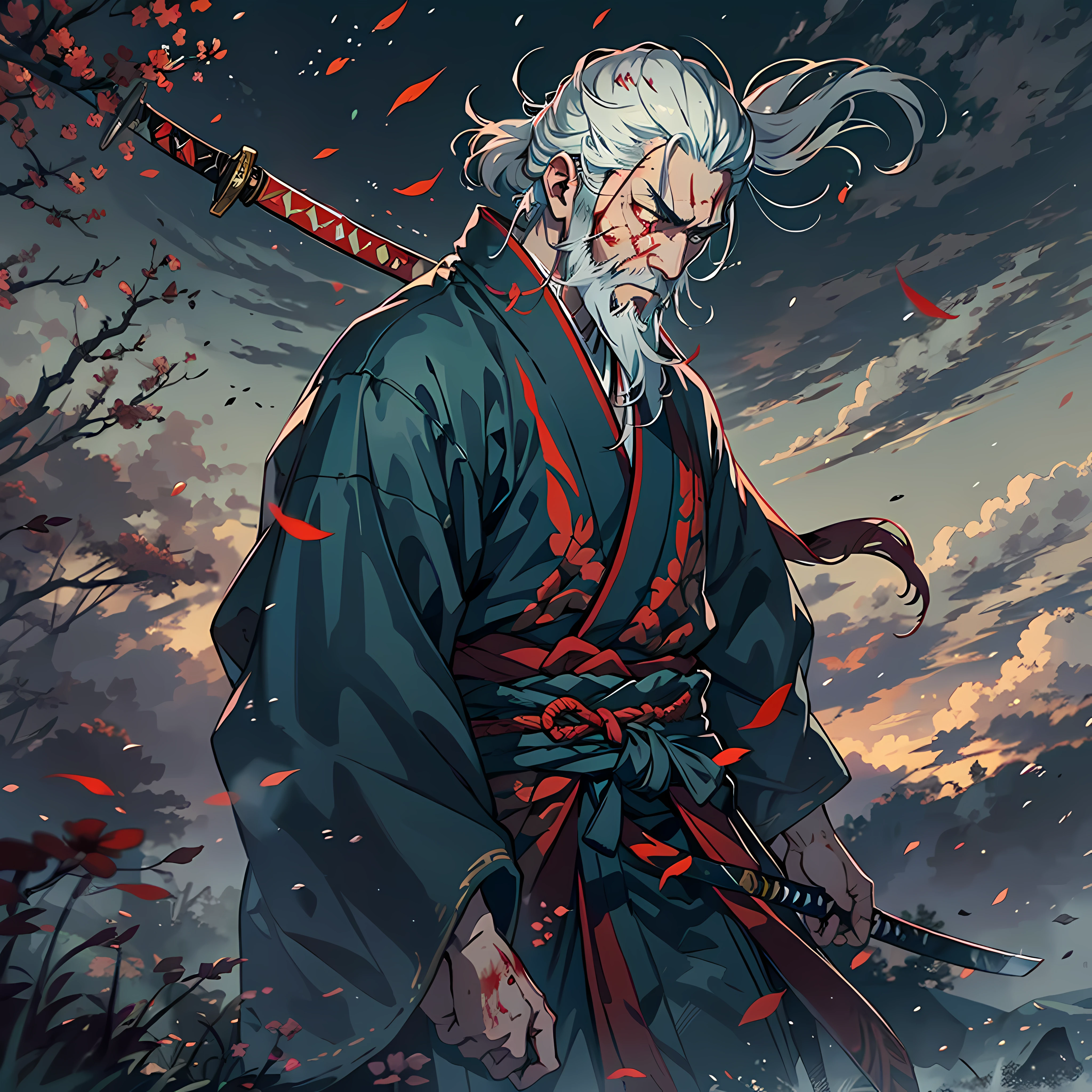 The Sword Saint Ichigami is a legendary warrior and founder of the Ashina clan. He is an old man with white hair and a beard, wearing a blue kimono with a black pattern and a white cloak. He carried a katana and a spear. He also had a gun hidden in his sleeve. He waits for Sekiro on the large meadow, who fights his grandson Genichiro Ashina for the first time. The fields were littered with blood and the bodies of soldiers killed in battle. The sky was dark, stormy, and occasionally lightning. Isshin appears from Genichiro's body after sacrificing himself to use the Black Mortal Blade to resurrect Genichiro. He respects Sekiro as a worthy opponent and challenges him to fight a final duel for Ashina's fate. moon, dark theme, light, fantasy,