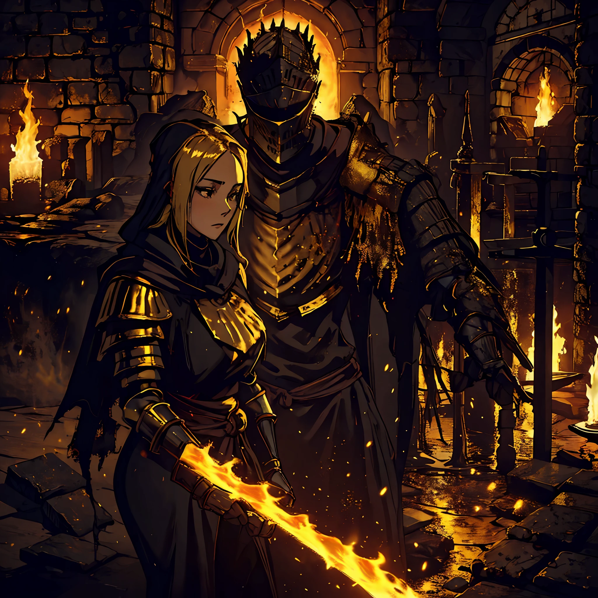 (Masterpiece, best_quality), 1girl, a beautiful woman in a black_robe, golden_hair, golden_linings, Firekeeper_Dark_Souls_3, Dark_souls_3, Fire, Ashes, Shrine, Firelink_Shrine, underground, wide_hips, Somber_atmosphere, Vivid, bright, high_contrast, thick_thighs