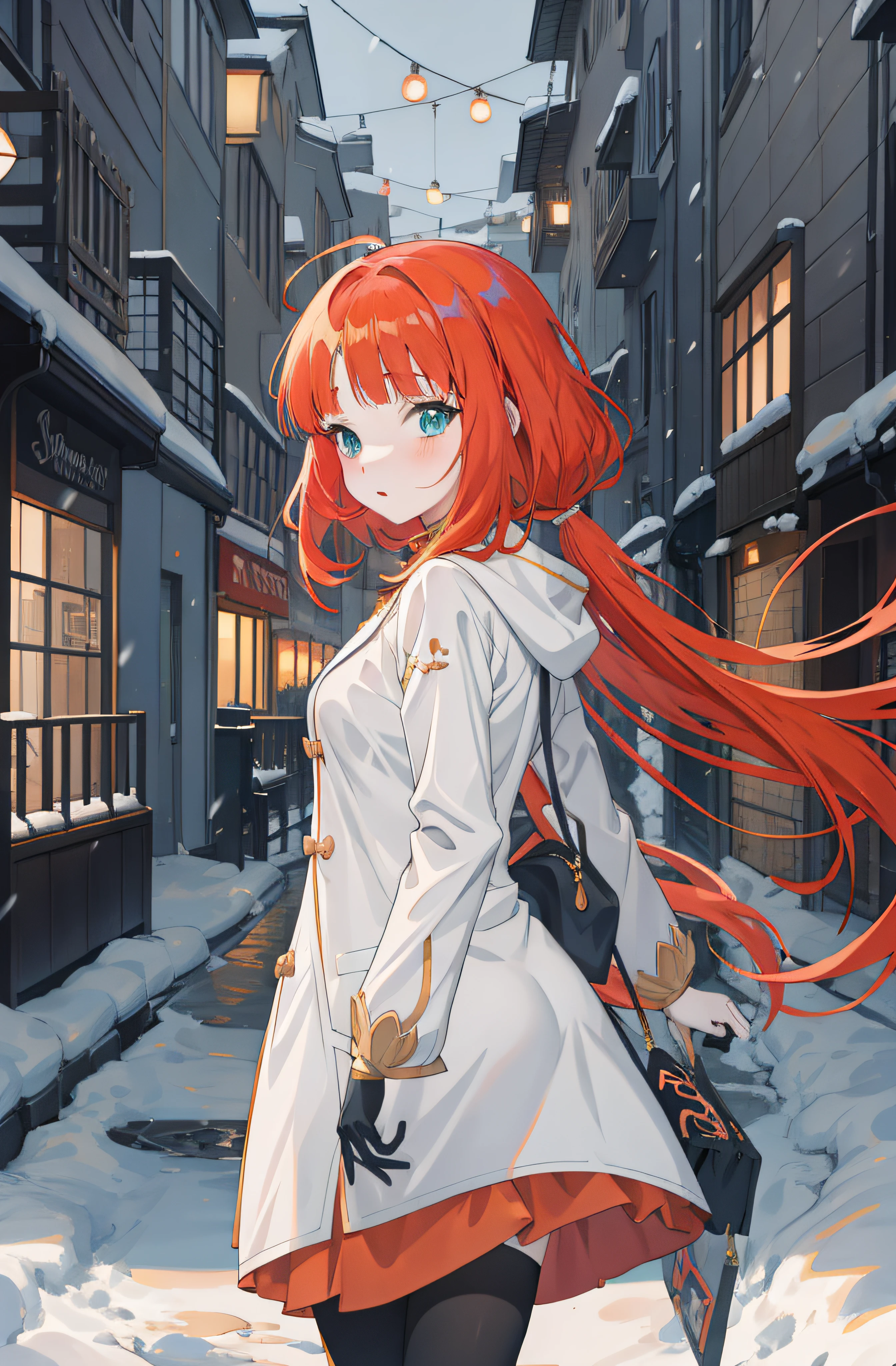 anime girl with red hair and white coat walking down a snowy street, anime style 4 k, anime girl with long hair, anime art wallpaper 8 k, anime art wallpaper 4 k, anime art wallpaper 4k, she has long redorange hair, painted in anime painter studio, anime wallpaper 4 k, anime wallpaper 4k, zerochan art, anime moe artstyle, blue green eyes,