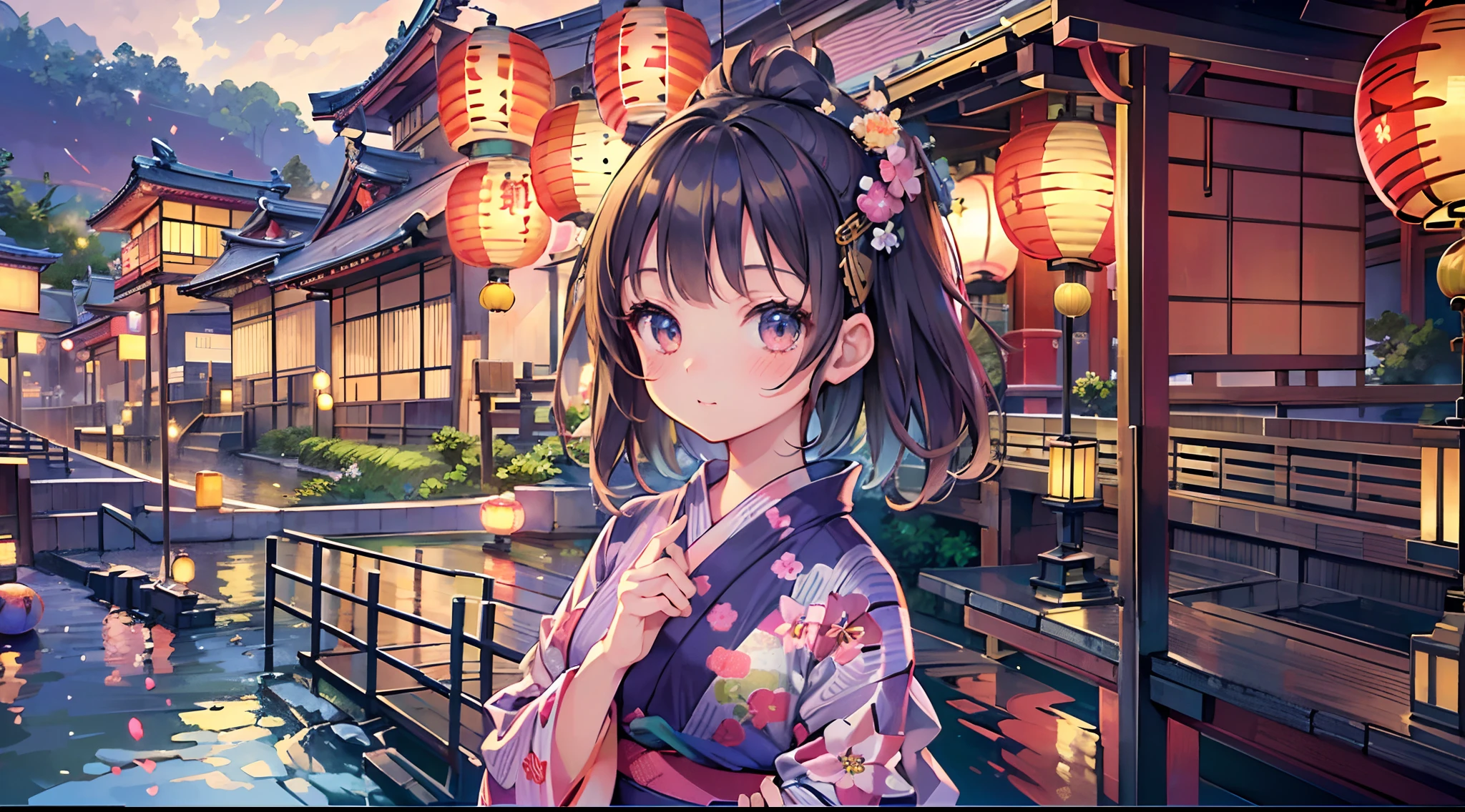 Masterpiece, top quality, super detailed CG, intricate details:1.5), 8k wallpapers, elaborate features,
 perfect cartoon illustration, 1 girl, pretty face, (yukata:1.5), Japan, lantern floating (in Japan), summer, night, big riverside,