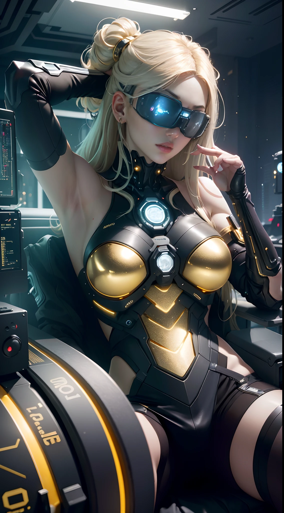 ((Best Quality)), ((Masterpiece)), (Very Detailed:1.3), 3D, Beautiful (Gold Cyberpunk:1.3) Female, straight long hairstyle, big breast, Lying Down with Hands Behind the Head, head-mounted displays, computer servers, LCD screens, fiber optic cables, company logos, HDR (High Dynamic Range), ray tracing, NVIDIA RTX, Super Resolution, Unreal 5, Subsurface scattering, PBR textures, post-processing, anisotropic filtering, depth of field, Maximum sharpness and sharpness, multi-layered textures, albedo and highlight maps, surface shading, accurate simulation of light-material interactions, perfect ratios, octane rendering, duotone lighting, low ISO, white balance, rule of thirds, wide aperture, 8K RAW, efficient sub-pixels, subpixel convolution, luminous particles, dynamic pose