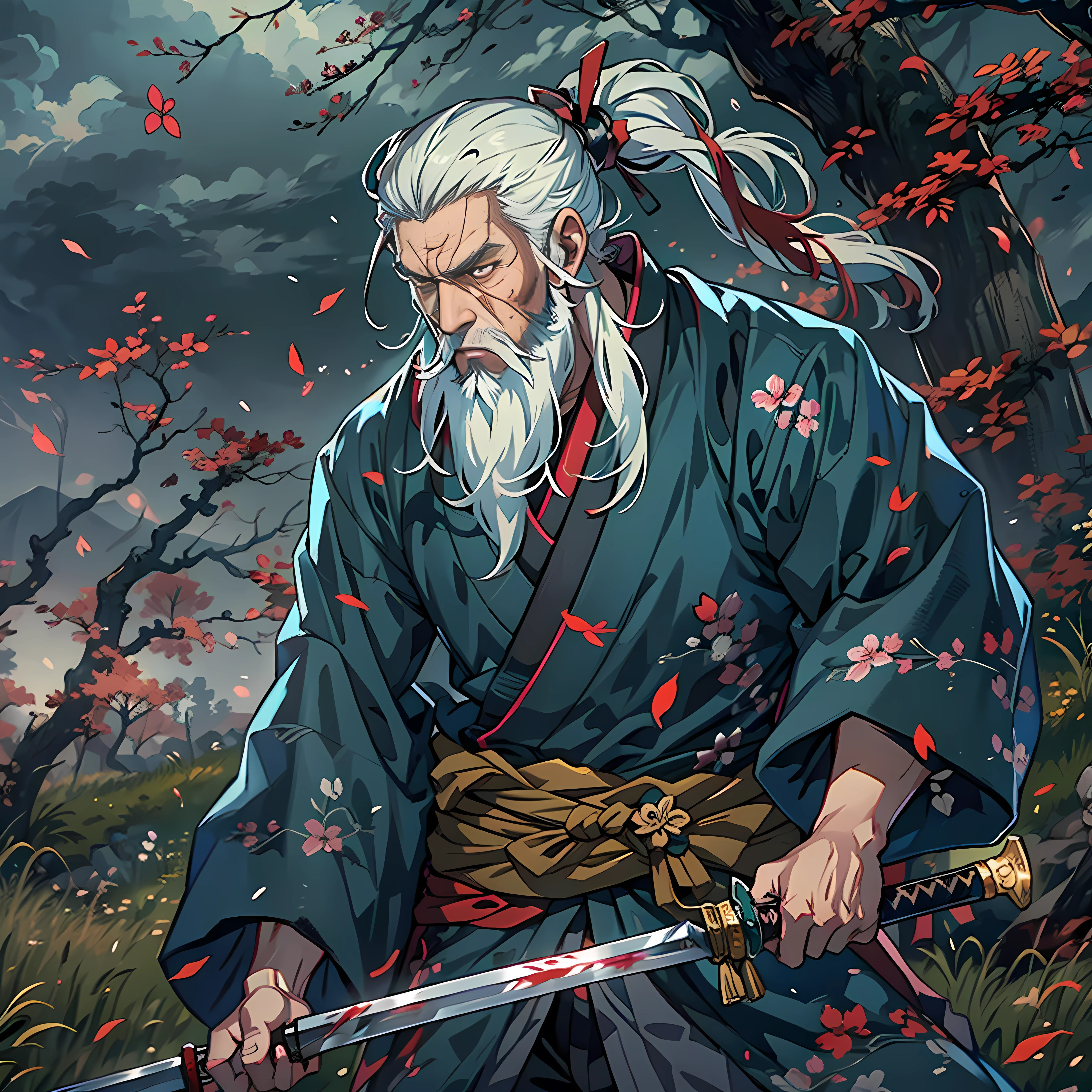 The Sword Saint Ichigami is a legendary warrior and founder of the Ashina clan. He is an old man with white hair and a beard, wearing a blue kimono with a black pattern and a white cloak. He carried a katana and a spear. He also had a gun hidden in his sleeve. He waits for Sekiro on the large meadow, who fights his grandson Genichiro Ashina for the first time. The fields were littered with blood and the bodies of soldiers killed in battle. The sky was dark, stormy, and occasionally lightning. Isshin appears from Genichiro's body after sacrificing himself to use the Black Mortal Blade to resurrect Genichiro. He respects Sekiro as a worthy opponent and challenges him to fight a final duel for Ashina's fate. moon, dark theme, light, fantasy,