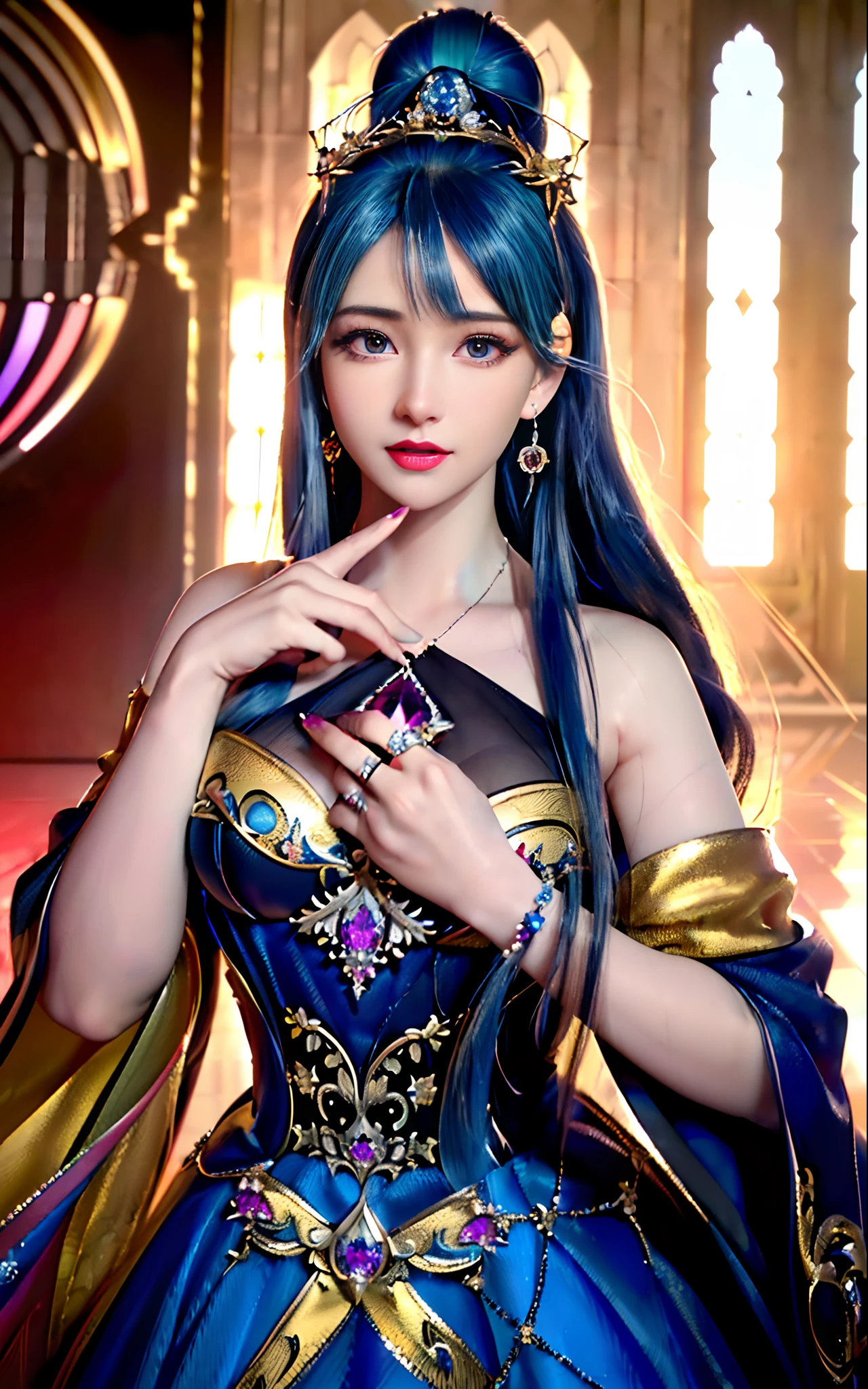 ((realisticity: 1.2)), ((realistic: 8K UHD)), ((best resolution: 8K UHD)), hyper detailed, best quality,masterpiece,highres,cg, ((1 girl hyper detailed and hyper realistic) ) , ((beautiful queen, hyper realistic and hyper detailed)),((white skin, beautiful, smooth, youthful, hyper realistic and hyper detailed )), ((Face hyper beautiful, white, hyper realistic and hyper detailed ) ), long hair, ((hyper realistic and hyper detailed dress)), solo, ((hyper realistic, hyper beautiful, beautiful and hyper detailed jewelry)), ((hyper beautiful deep red and golden yellow dress, hyper realistic and hyper detailed )) , ((Her pretty, hyper realistic, hyper detailed diamond filled earrings)), ((Her gorgeous diamond haircut, hyper realistic and hyper detailed)), ((hyper pretty upper body, hyper beautiful, hyper realistic and hyper detailed) ), ((medium breast: 1.1)), ((hyper realistic, hyper pretty, hyper detailed boobs)), ((the backgroun of the royal palace is hyper majestic, hyper realistic and hyper detailed)),((hands and palms hyper beautiful, hyper detailed, hyper realistic)), ((hyper detailed and hyper realistic fingers and fingernails)), ((hyper pretty fingernails, hyper vivid, hyper detailed, hyper realistic)), ((thumb, index finger, middle finger, ring finger, little finger hyper vivid, hyper pretty, hyper detailed, hyper realistic)),  
((hyper beautiful fingers, hyper detailed, and hyper realistic)), ((posture not too fat and not too thin, hyper realistic, hyper detail)), ((hyper pretty, hyper pretty, hyper realistic and hyper detailed hair bun)), ((hyper pretty , hyper realistic and hyper detailed blue hair)), candid, Photo, high resolution, 8k , bokeh,