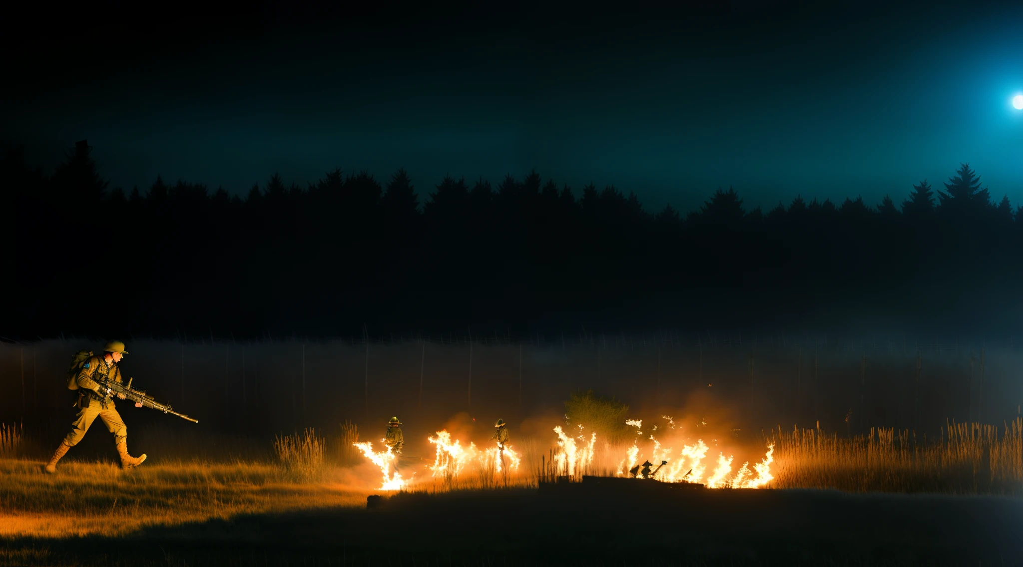 Uniformed soldiers pass through the trenches at night, soldiers charging in, invading army background,cannon fire,Flares