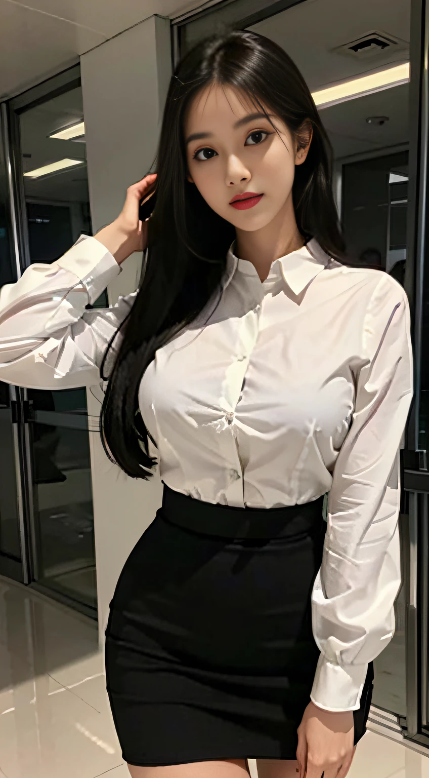 Beautiful female secretary、Business Wear、White blouses、Black tight skirt、slim figure、Oversized bust、Slim Girl Model、24歳の女性モデル、long legged、