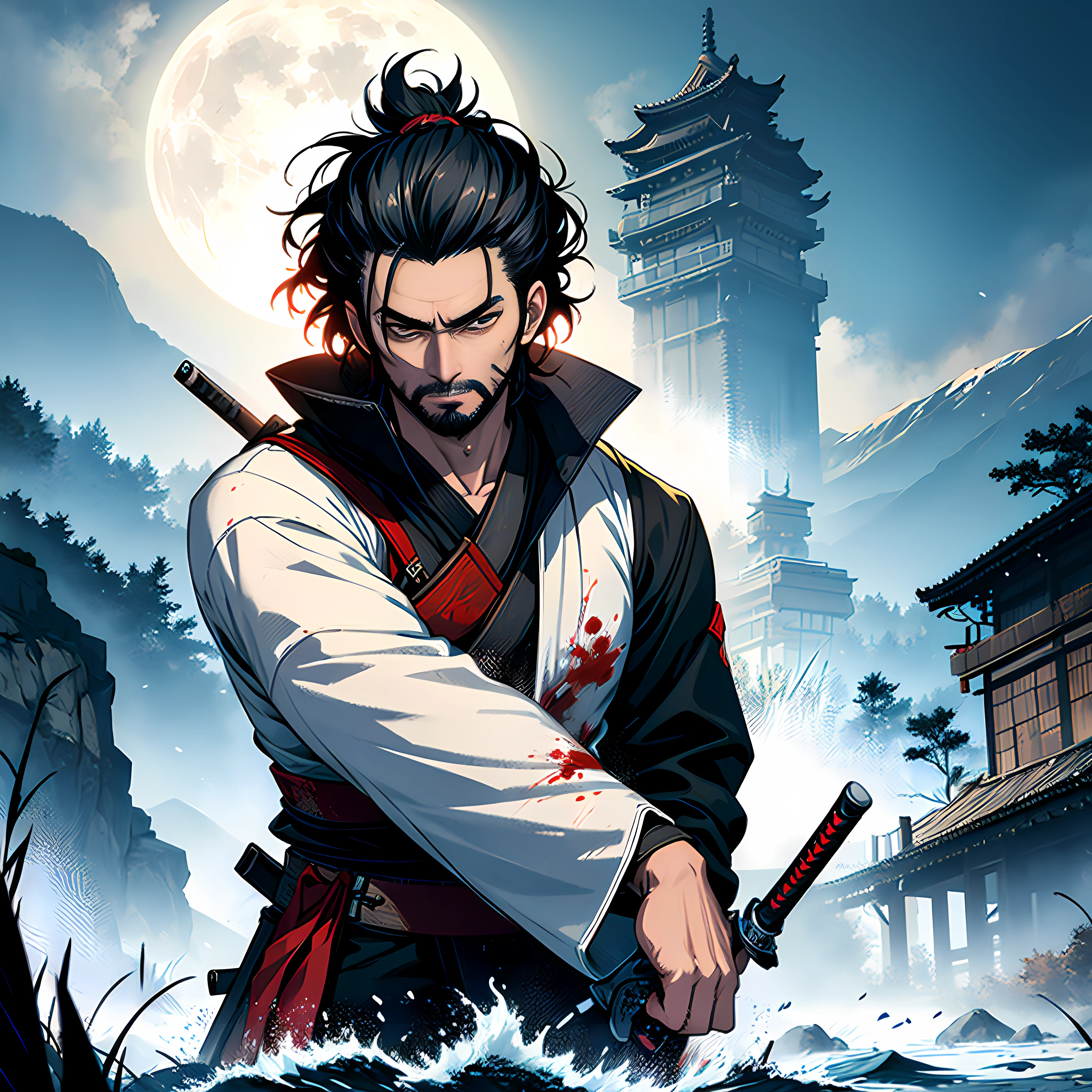 Isshin, the Sword Saint is a legendary warrior and the founder of the Ashina Clan. He is an old man with white hair and beard, wearing a blue kimono with black patterns and a white cloak. He carries a katana and a spear. He also has a gun hidden in his sleeve.
He awaits Sekiro in the great grass field where he first fought Genichiro Ashina, his grandson. The field is covered with blood and corpses of soldiers who died in the battle. The sky is dark and stormy, and lightning flashes occasionally. Isshin emerges from Genichiro’s body after he sacrifices himself to revive him using the Black Mortal Blade. He respects Sekiro as a worthy opponent and challenges him to a final duel for the fate of Ashina.
moon, dark theme, light, fantasy,