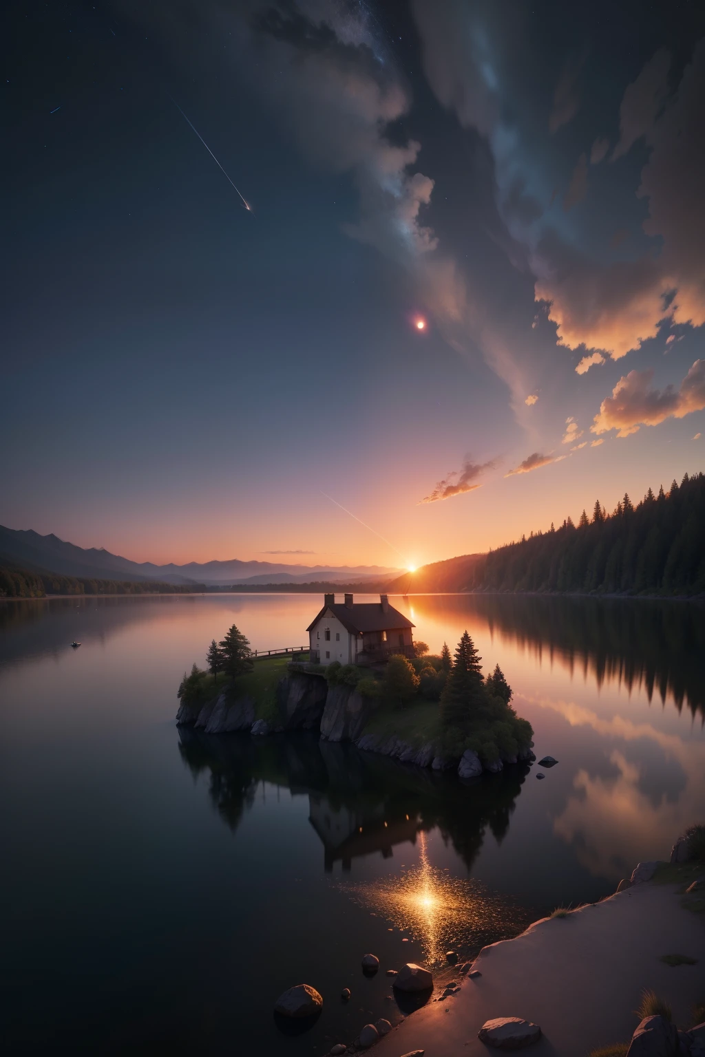 meteors，setting sun，lakes，hyper HD