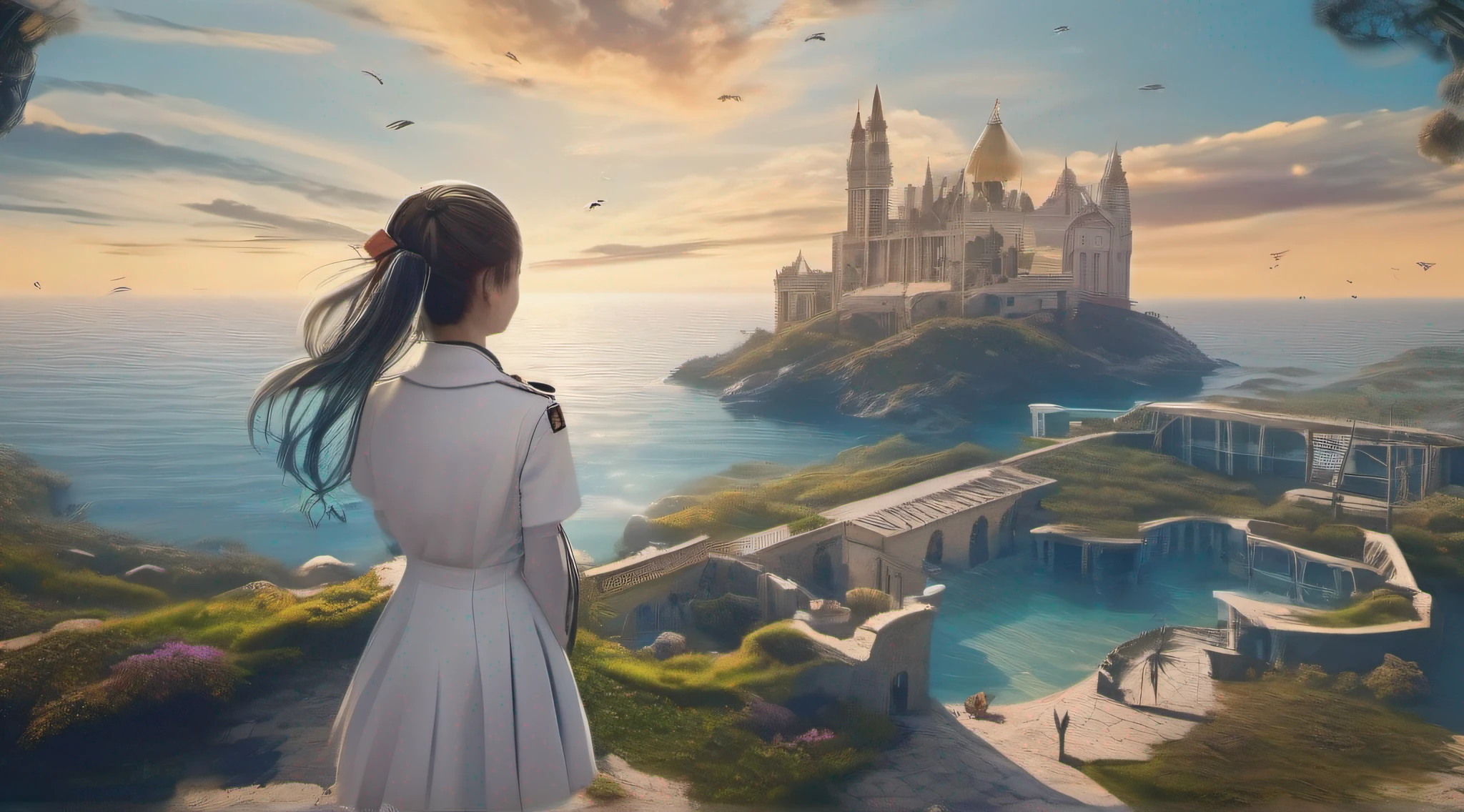 ccurate, best quality, masterpiece, UHD, high details, award winning, (Amazing:1.1), (Surrealism), Conceptual art, Verism, cinematic lighting, panorama, (((((beautiful school girl))))), (17 yr old), ((((full body)))), from behind, walking, without looking at me, (((wearing school uniform))), black eyes, black hair, (floating hair), ((8 life size)), detailed hairstyles, detailed bodyline, anatomically correct, (((she is lost in a surreal world of dreamlike landscapes))), A floating island, ruins, silent sea, Horizon, ((beautiful Blue sea)), blue sky, paradise, many flowers, wind flow, (((fantasy))), frontier, (magnificent space),