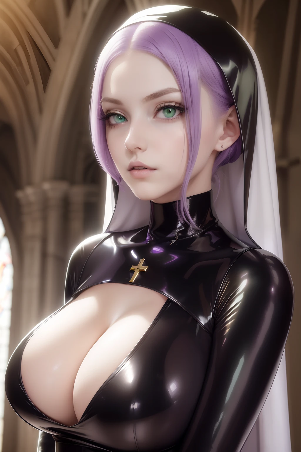 ((masterpiece, best quality)),1girl, green eyes, long light purple hair, black latex nun costume, church, alter, cleavage, very green eyes, gold rosary, praying, dark neutral lips