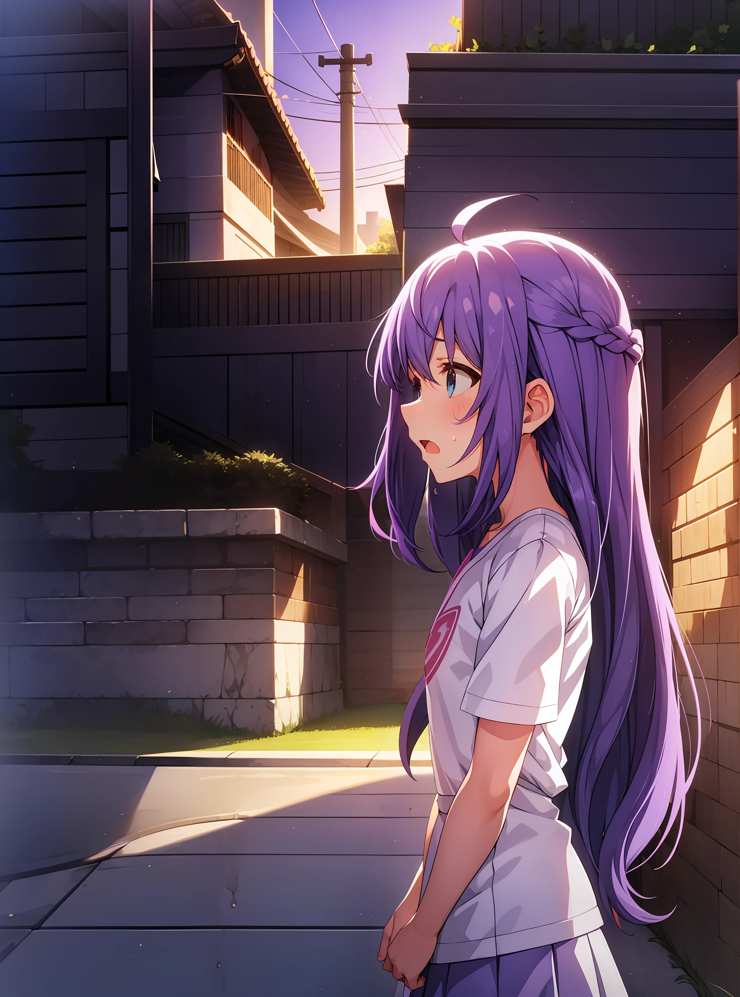 mochizuki anna,1girl in,Solo,Long hair,Purple hair,Medium chest.Ahoge,Blue eyes.Short stature.white t-shirts.Skirt.Evening glow.the setting sun.Despair face.Sweat.Opening Mouth.up chest.Looking from the side.