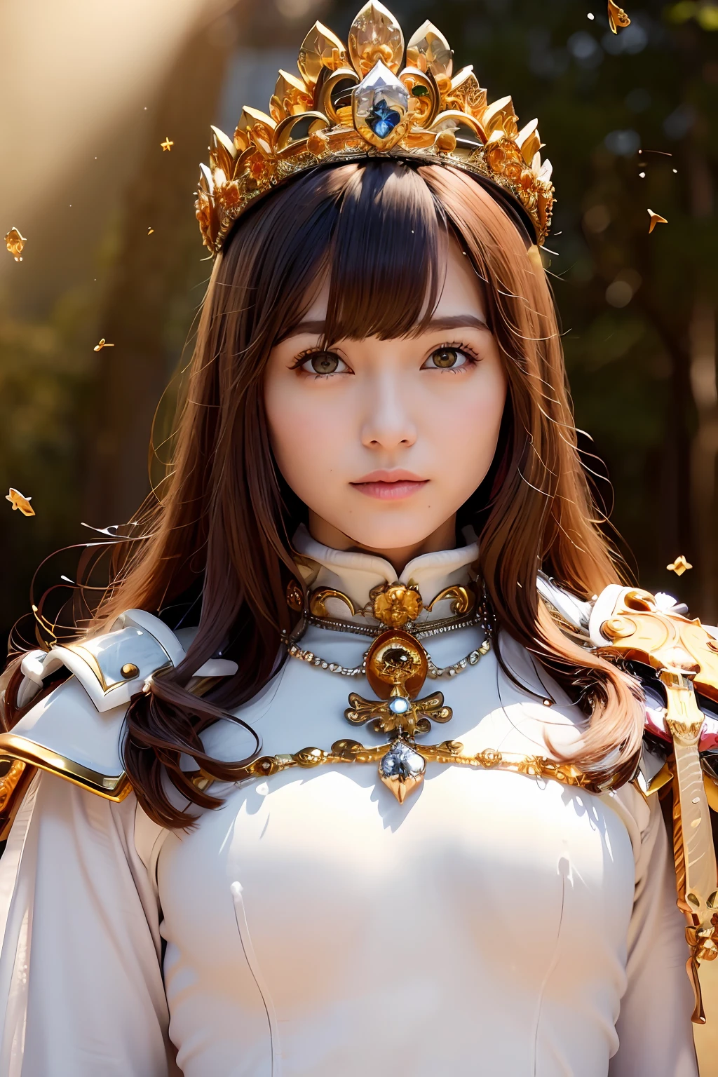 (masutepiece), Professional , ​masterpiece、top-quality、photos realistic , depth of fields （Gemstone Silver Metal Body:1.９),(Matte White、Particles of light、Jewel Gold Weapon（Jewel Metal Body:1.４),Gorgeous metal weapons , Detailed Sword of the Brave , Beautiful knife   ,warhammer 40k , adepta sororitas,Detail and ornate jewel crown、Particles of light、Brown hair、Gangle's forest background、Beautiful Caucasian beauty、１a person、dynamic ungle,(((Detailed and ornate diamond crown)))、Particles of light、Mystical expression、Smaller head、A smile、