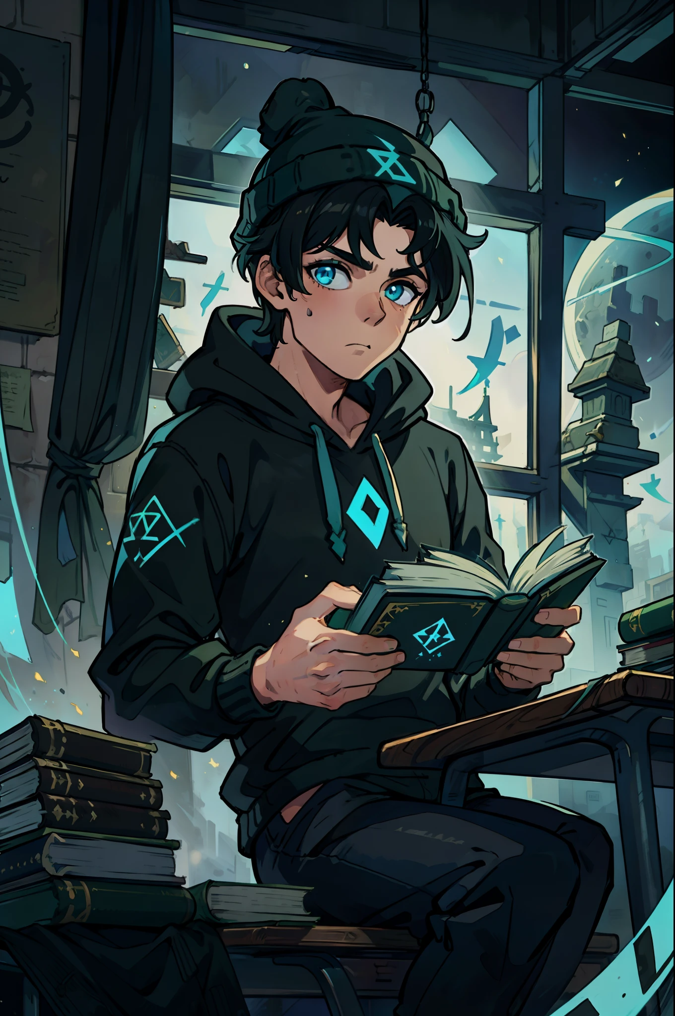 1 Boy, Man, Male, Perfect Face, Perfect eyes, MasterPiece, highly detailed, Sitting at a desk reading a book next to the window, Moonlight highlights everything, wearing a black hoodie, Green Beanie, black hair, Joggers black, Blue Runes on Book cover, Runes Floating out of the open book