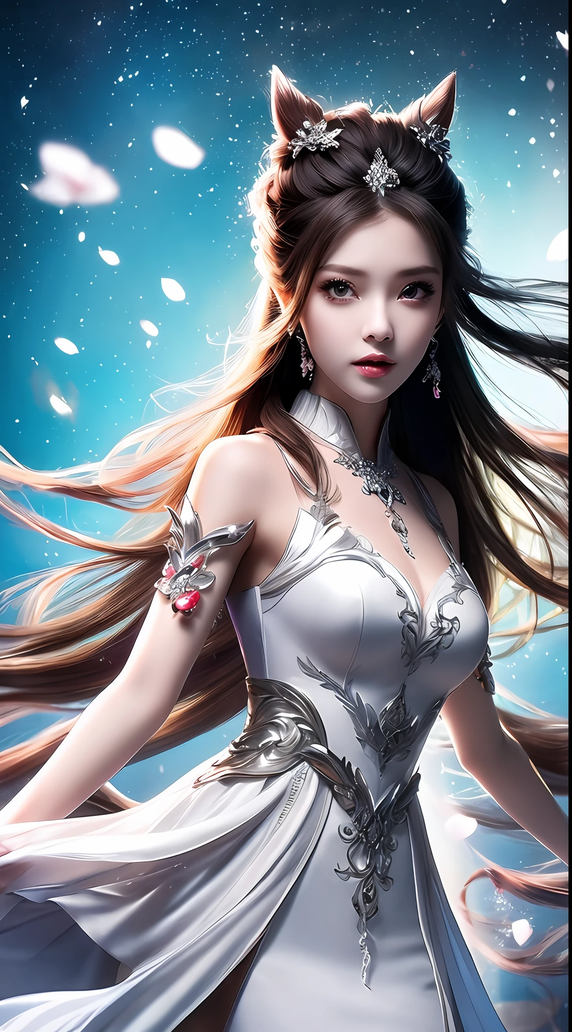 8k ultra hd, mastermiece, a girl, good face, detailed, eyes, beautiful lips, very hong hair, spreading hair, medium breasts, wedding dress, white dress, in the park, flying birds, blowing winds, clear weather, sitting, whole body capture,