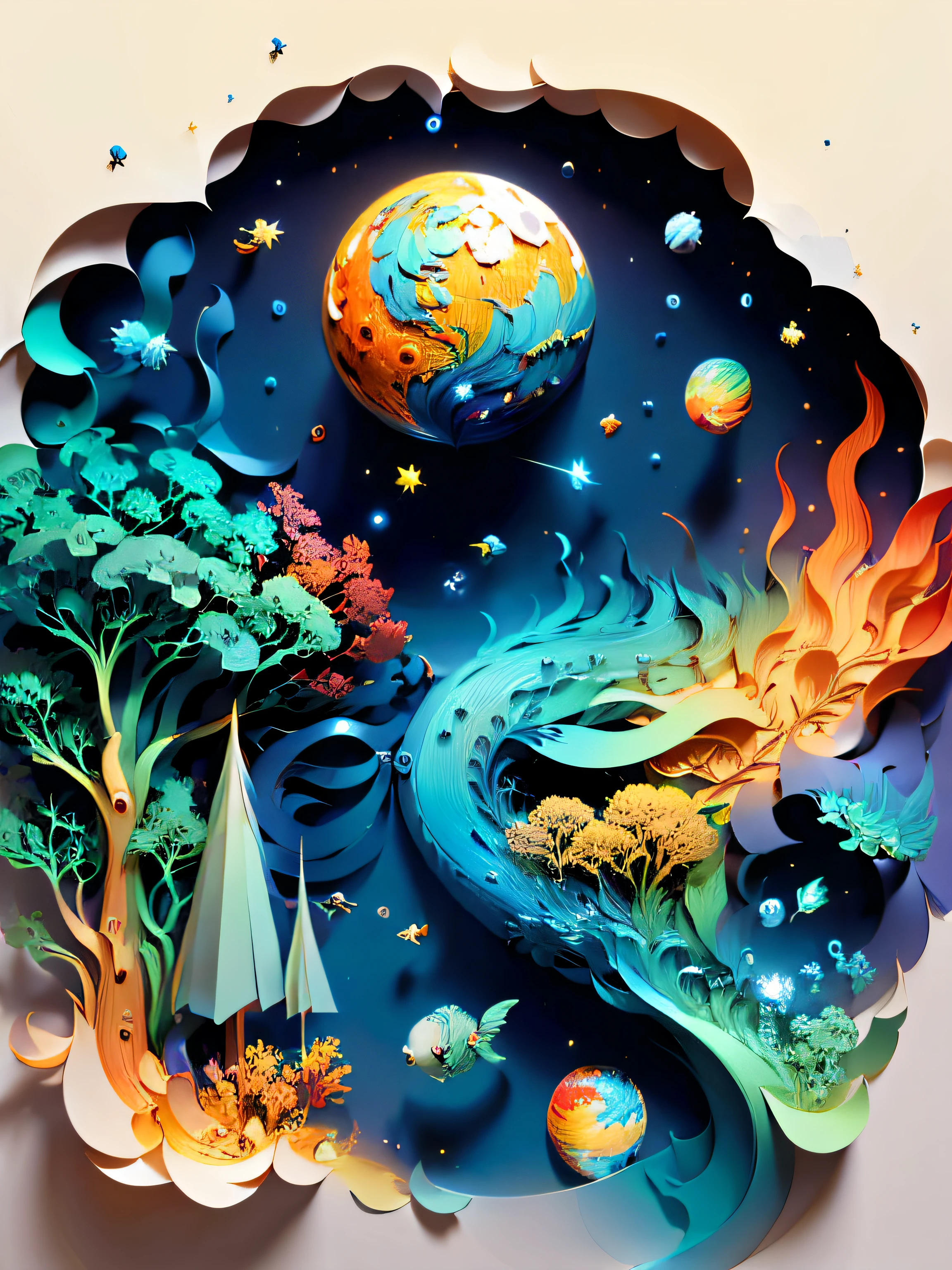 (((masterpiece))),best quality, illustration, earth, water ,fire, wind , space , paper_cut,