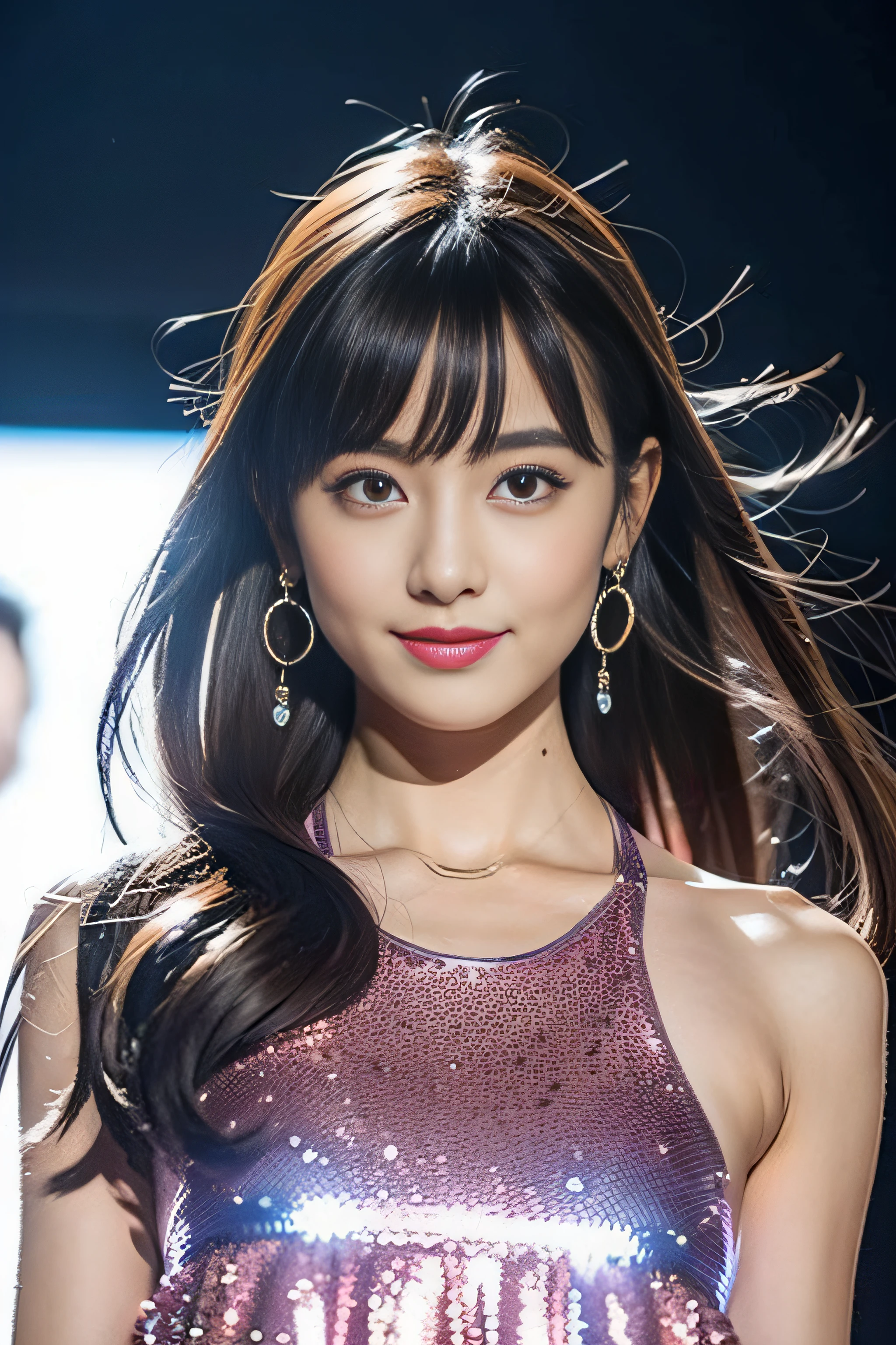 (8K分辨率,Full body photo in the distance,Photo of over-leg bust,Realistic wallpapers),(1 female,18yr old,(Haruka Fukuhara's facial features:1.6,Broad skeletal cheeks,s delicate face),com rosto detalhado,(Delicate Japanese makeup,Stage pop makeup),Lovely face,com rosto detalhado,详细的脸,Ultra-fine makeup,Black colored eyes,(Look into the distance),Wave long curly hair,(By bangs,Messy hair,Messy has layers),Redlip,Fair smooth skin,(Best Skin Type:1.21),mediuml breasts,(White short-sleeved shirt,Long brown fluffy dress,(materpiece:terylene,Lycra cotton,Spinning),Small ear ding,Fashion necklace,espadrilles),Tall and tall,perfect hand,Ultra-fine clothing material),(Stage catwalk,Exquisite stage details,(Vista view of the catwalk,Outdoor catwalk,Tokyo fashion show,neonlight,There were a lot of spectators in the audience,Model on the catwalk)),(exhilarated,confident smile,Rejoice),(Various stage lighting assistance,profesional lighting,动态照明),((Color uniformity,Reserved,ellegance,vivaciousness,(greys,white colors,purpleish color,blue colors,In pink))),(Golden section,Cinema lenses,Hasselblad photograp,tmasterpiece:1.3),(Pure,adolable,and the sun was shining brightly,boisterous,boisterous,Petite and lovely,boisterous,dream magical,Little woman,trendsetting,Street style,Artis,Art platform