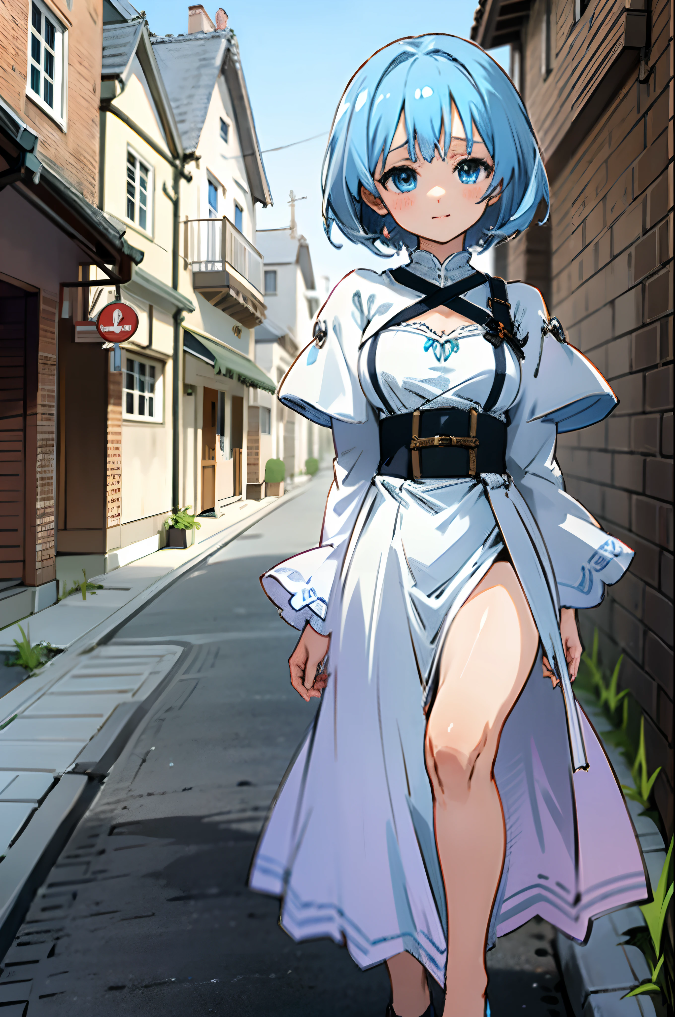 Anime girl with white short hair and blue eyes, wearing short medieval white dress, stay on the road medieval city, old town, perfect face, cute face, ultrasharp, 8k, masterpiece, full body, seductive girl,