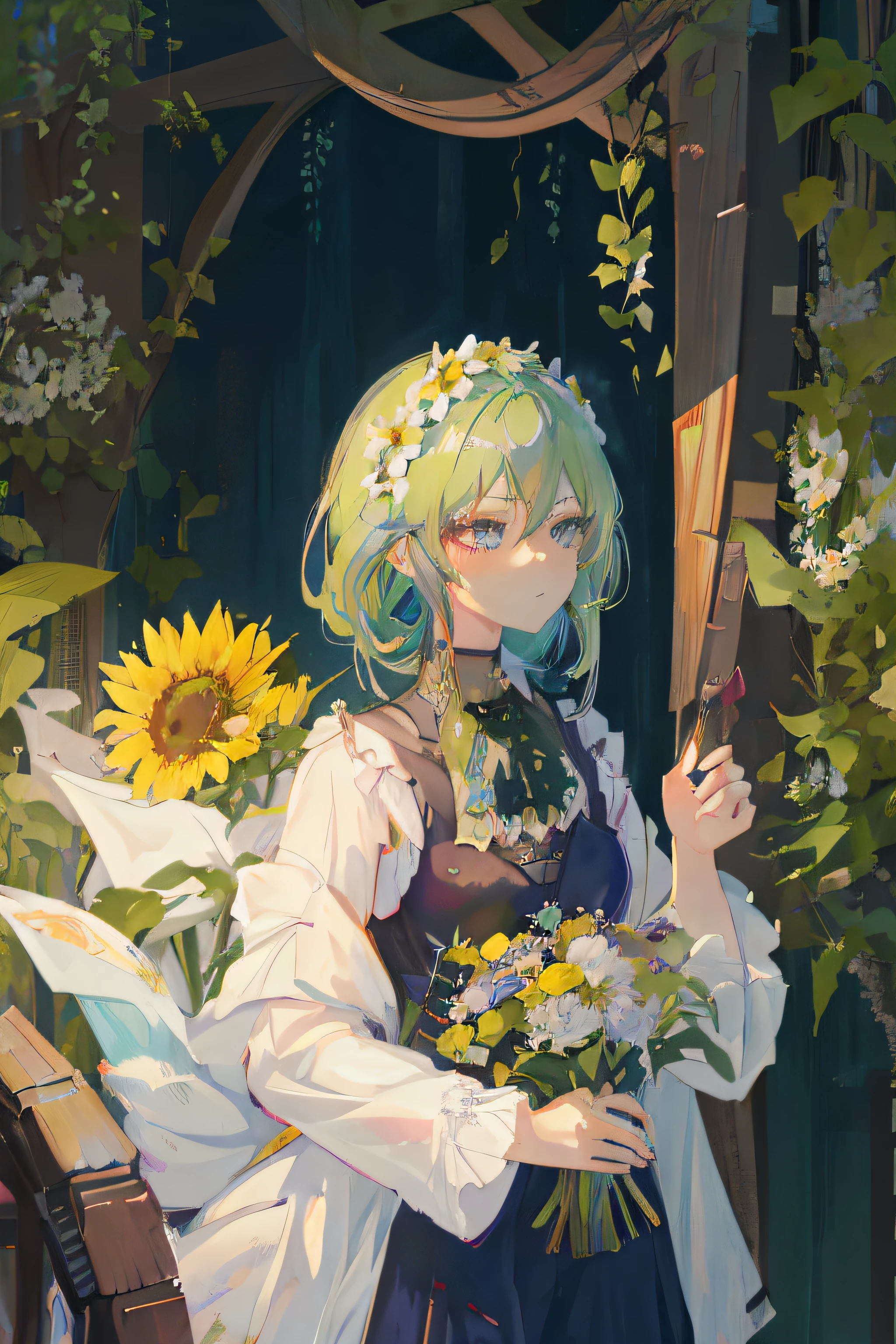 anime girl with green hair and blue eyes holding a bouquet of flowers, beautiful sunflower anime girl, guweiz on pixiv artstation, artwork in the style of guweiz, guweiz on artstation pixiv, guweiz, anime art wallpaper 8 k, anime art wallpaper 4k, anime art wallpaper 4 k, detailed digital anime art, detailed fanart