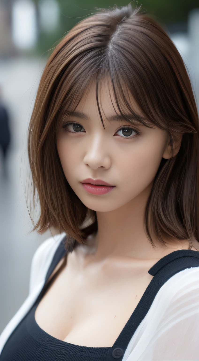((Realistic lighting、top-quality、8K、​masterpiece:1.3))、Clear focus:1.2、1girl in、Perfect figure:1.4、Slim abs:1.1、sharp:1.2、Perfect Body Beauty:1.4、((Brown hair))、(White crop top:1.4)、(outside of house、natta:1.1)、Street、Super fine face、Narrow-eyed、二重まぶた、Slim abs:1.2、((Layered Hair Style、Colossal tits:1.2))、(Wet white button long shirt:1.1)、(Rain、Street:1.2)、Wetty:1.5、Highly detailed facial and skin texture、A detailed eye、二重まぶた、Aspect of looking at the camera