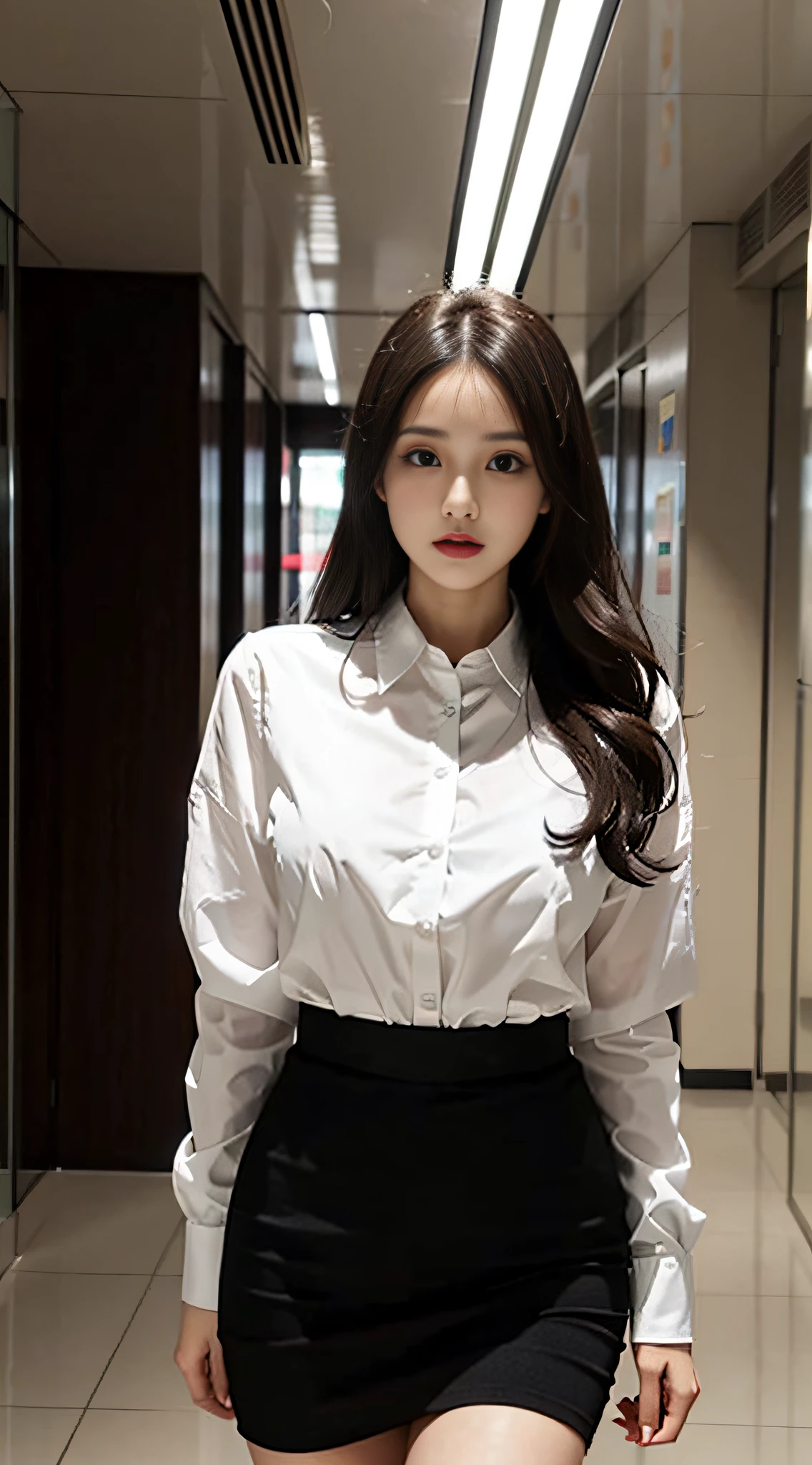 Beautiful female secretary、Business Wear、White blouses、Black tight skirt、slim figure、Oversized bust、Slim Girl Model、24歳の女性モデル、long legged、