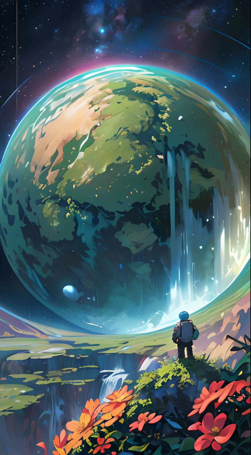 Hyper realistic 8k, ultra detailed, (Best Quality digital illustration Masterpiece of planet Earth in outer space), ((No Man)) (Beautiful planet Earth Illustration), (vivid Green nature and vegetation), (small birds flying), (flowering plants), ((waterfall)), (Bright Stars), (Hyperdetail, Dynamic Camera), (Wide Angle), (Celestial Lighting), (Vivid Colors and Saturation), (trending on artstation,
