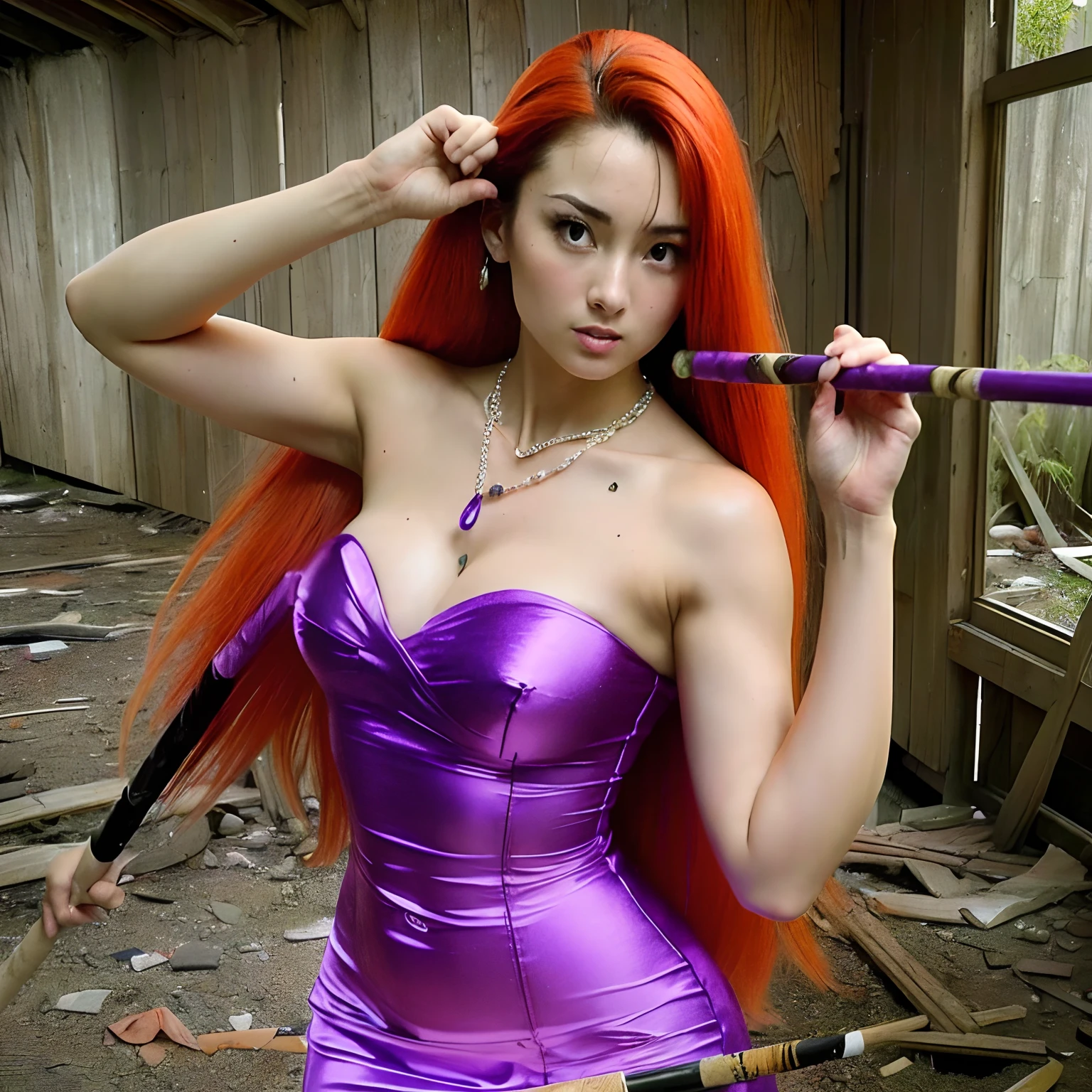 (masutepiece:1.1, Best Quality:1.1) (Photorealistic:1.3) (Bokeh), High resolution, 32K HDR, Wallpaper, (hyper derailed face:1.55, Ultra-realistic skin texture:1.3, Detailed eyes:1.15), Huge breasts, (Ultra-realistic photos of beautiful Reiko Mikami:1.75), (a necklace:1.1, Long orange straight hair:1.6, Strapless Purple Body Conscious Dress:1.55), (Fighting pose with long black baton stick:1.25, In a messy abandoned hut:1.55), Shaved armpits,