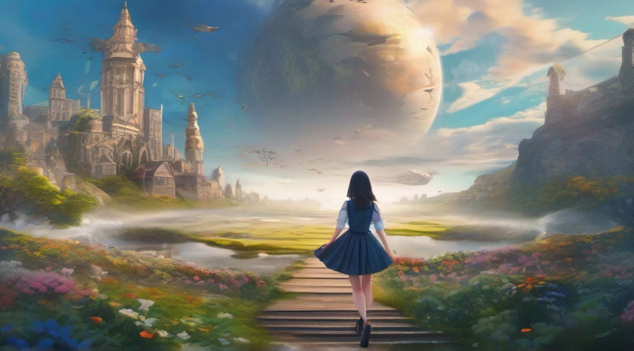ccurate, best quality, masterpiece, UHD, high details, award winning, (Amazing:1.1), (Surrealism), Conceptual art, Verism, cinematic lighting, panorama, (((((beautiful school girl))))), (17 yr old), ((((full body)))), from behind, walking, without looking at me, (((wearing school uniform))), black eyes, black hair, (floating hair), ((8 life size)), detailed hairstyles, detailed bodyline, anatomically correct, (((she is lost in a surreal world of dreamlike landscapes))), A floating island, ruins, stone circle, clock towers, Horizon, Blue sea, blue sky, paradise, ((many flowers)), ((wind flow)), (((fantasy))), frontier, (magnificent space),