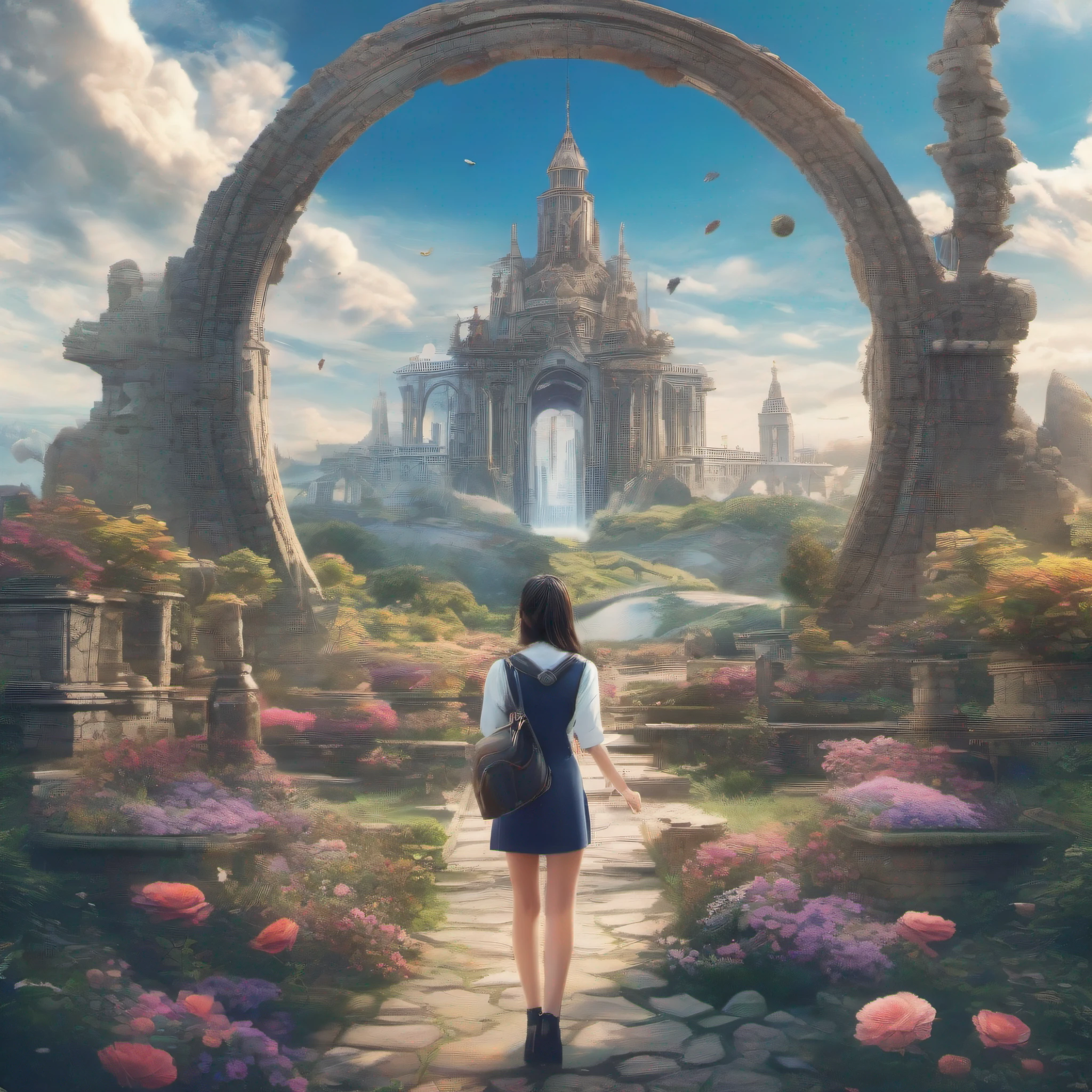 ccurate, best quality, masterpiece, UHD, high details, award winning, (Amazing:1.1), (Surrealism), Conceptual art, Verism, cinematic lighting, panorama, (((((beautiful school girl))))), (r old)(((full body)))), from behind, walking, without looking at me, (((wearing school uniform))), black eyes, black hair, (floating hair), ((8 life size)), detailed hairstyles, detailed bodyline, anatomically correct, (((she is lost in a surreal world of dreamlike landscapes))), A floating island, ruins, stone circle, clock towers, Horizon, Blue sea, blue sky, paradise, ((many flowers)), ((wind flow)), (((fantasy))), frontier, (magnificent space),