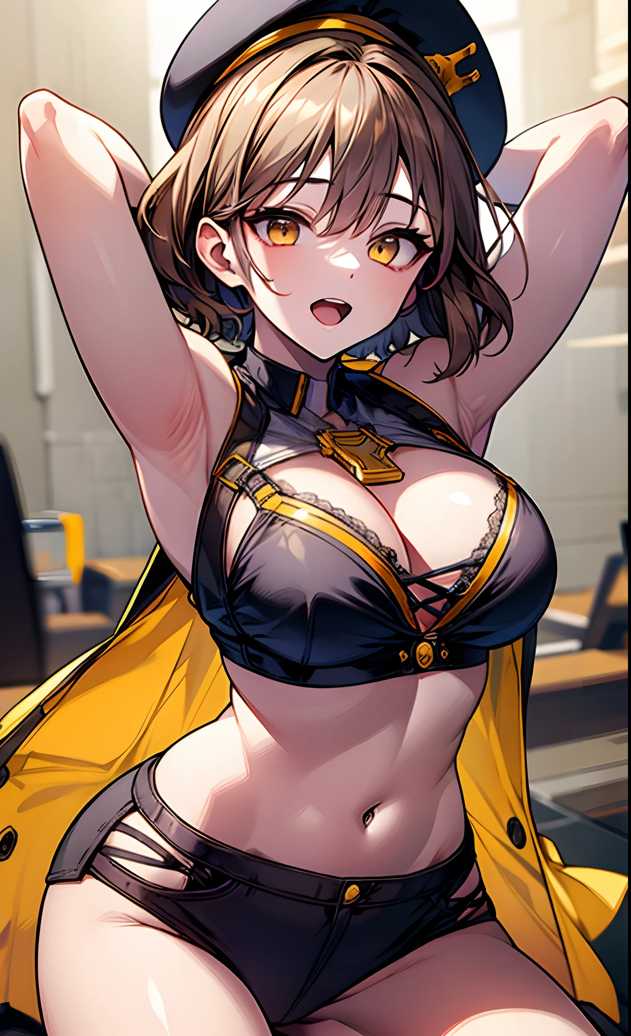 best qualtiy、ultra-detailliert、、1 girl in、独奏、nikkeanis、Cross-eyed、short-hair、open open mouth、large full breasts、Brown hair、hair adornments、Brown-eyed、Yellow eyes、beret、cowboy  shot、a white bikini、Sunglasses on the head)、Raise your hands up、spreading arms widely、