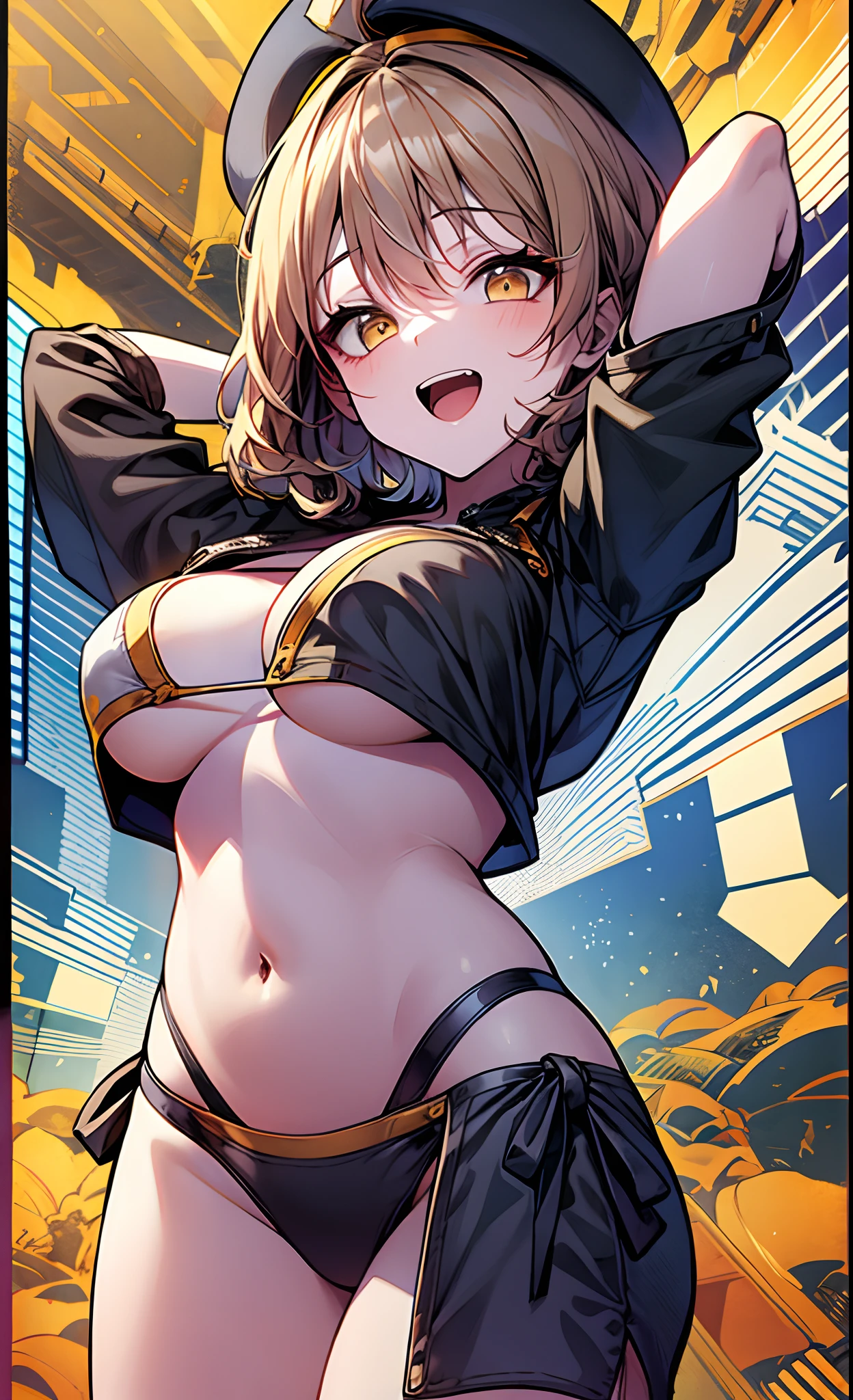 best qualtiy、ultra-detailliert、、1 girl in、独奏、nikkeanis、Cross-eyed、short-hair、open open mouth、large full breasts、Brown hair、hair adornments、Brown-eyed、Yellow eyes、beret、cowboy  shot、a white bikini、Sunglasses on the head)、Raise your hands up、spreading arms widely、