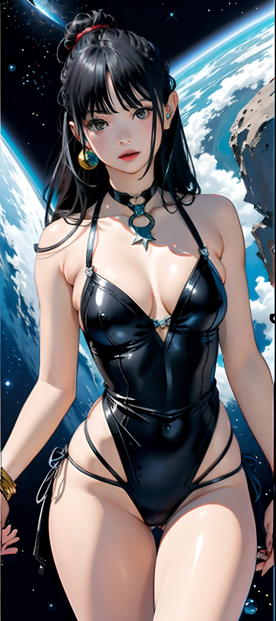 Best Quality, high resolucion, 1Girl, Hani, floating in space, Energy Sphere, light particles, Leather Hardcore Bikini, Leather dresses, a sorcerer, shiny hair, Shining Star, Fantasy,