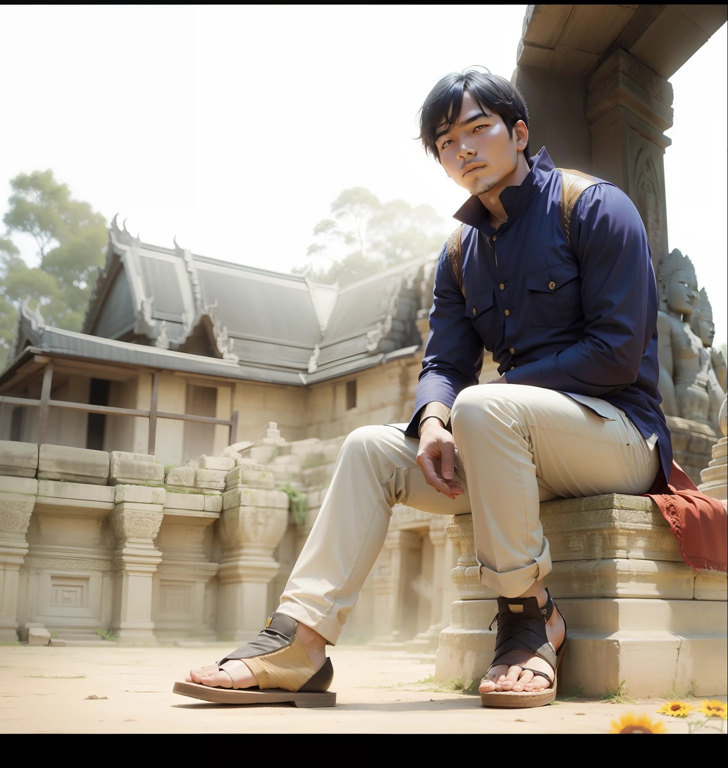Man seat in front of bayon temple and have sunflowers around with sunset and use Khmer traditional of king khmer