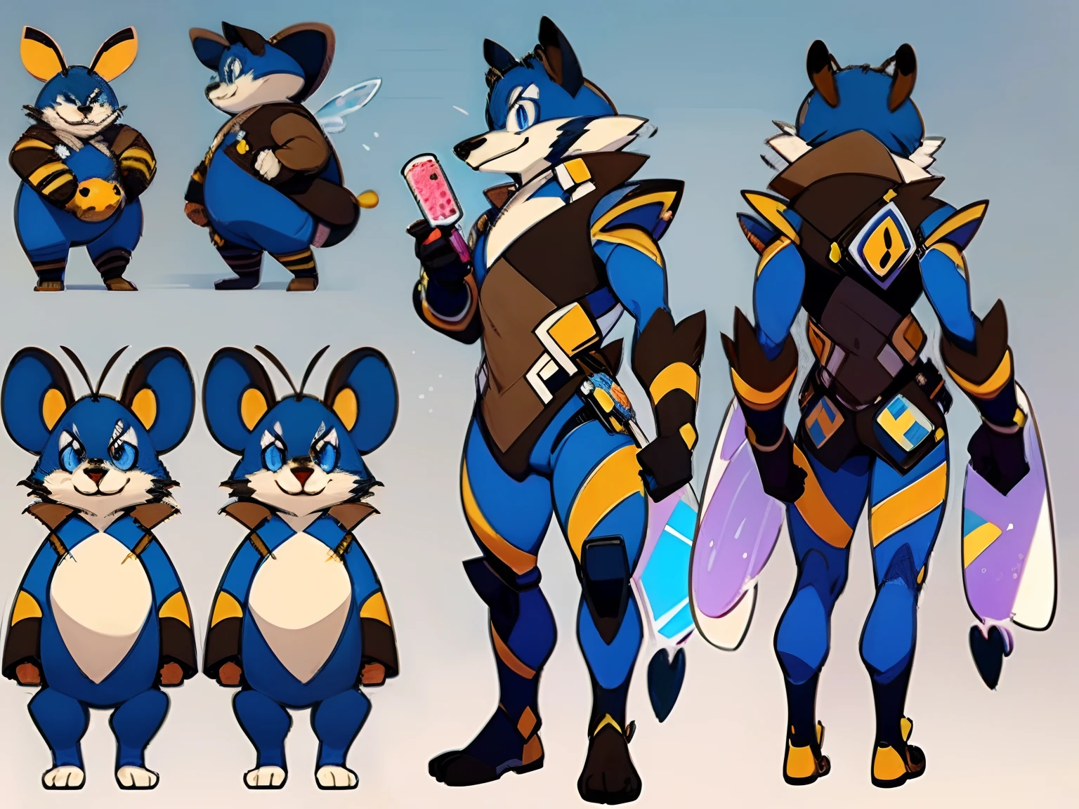 ((masterpiece)),(((best quality))),((character design sheet,same character,front,side,back)),illustration, 1 boy, furry, brown fur, buff, blue eyes, bee costume, looking at viewer, holding bubble tea, charturnbetalora, 8k,16k, (simple background, white background: 1.3)