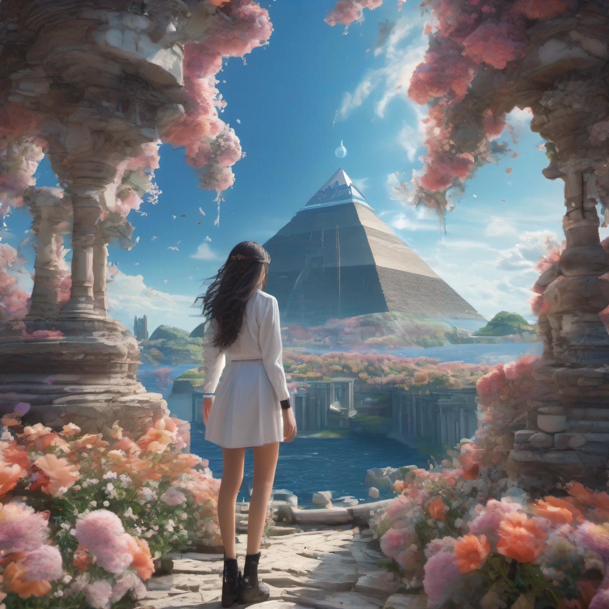 ccurate, best quality, masterpiece, UHD, high details, award winning, (Amazing:1.1), (Surrealism), Conceptual art, Verism, cinematic lighting, panorama, (((((beautiful school girl))))), (17 yr old), ((((full body)))), from behind, walking, without looking at me, (((wearing school uniform))), black eyes, black hair, (floating hair), ((8 life size)), detailed hairstyles, detailed bodyline, anatomically correct, (((she is lost in a surreal world of dreamlike landscapes))), A floating island, ruins, pyramid, clock towers, Horizon, Blue sea, blue sky, paradise, ((many flowers)), ((wind flow)), (((fantasy))), frontier, (magnificent space),