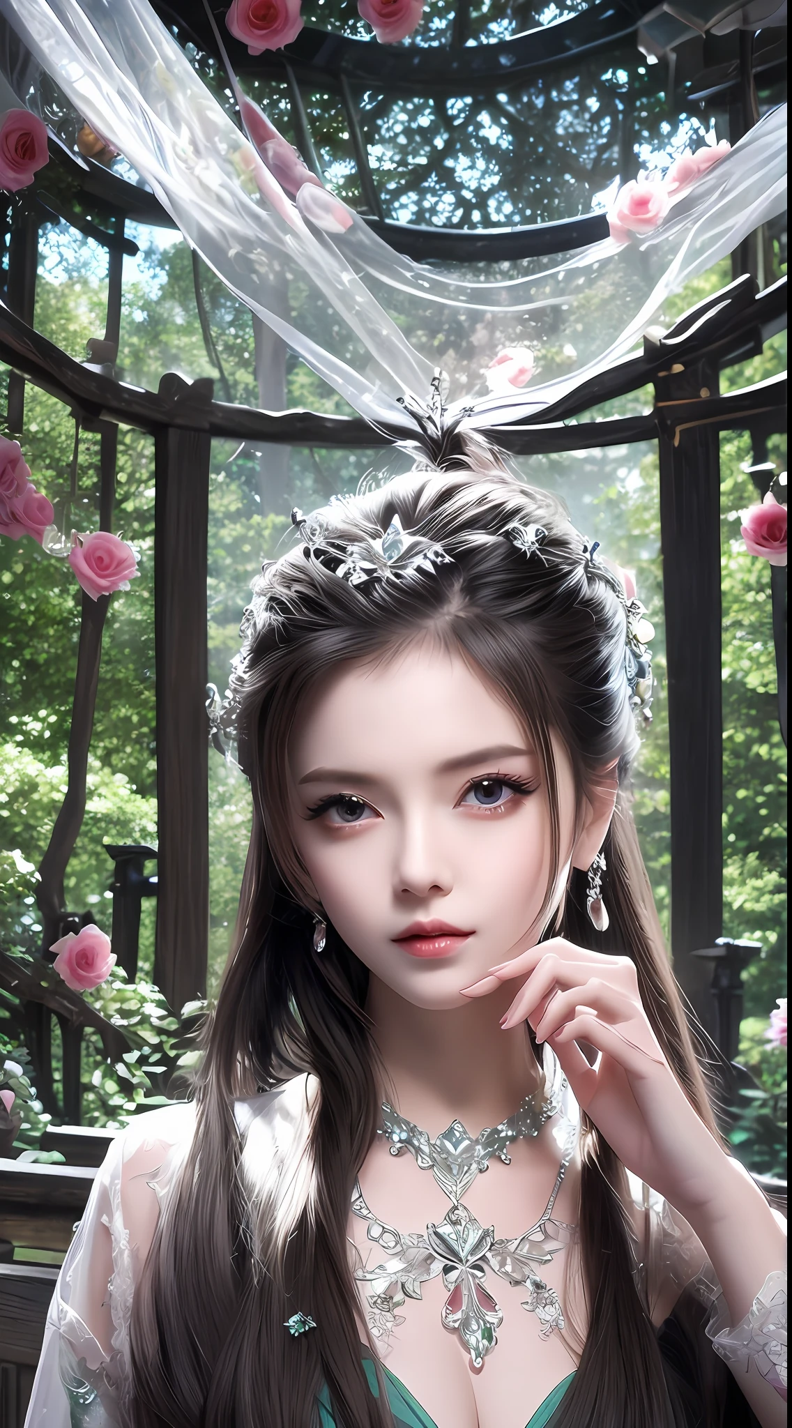 8k ultra hd, mastermiece, a girl, good face, detailed, eyes, beautiful lips, very hong hair, spreading hair, medium breasts, wedding dress, green dress, in the park, flying birds, blowing winds, clear weather, sitting, whole body capture,