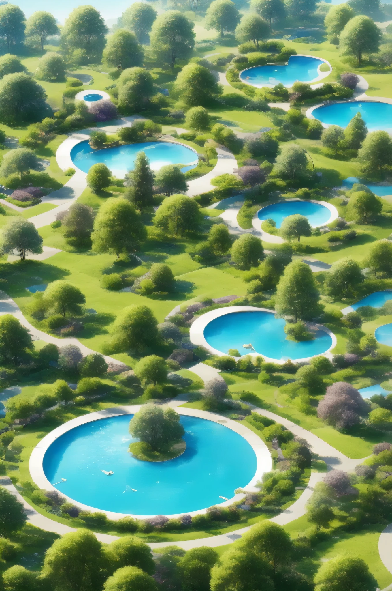 circular fountain 2m radius, tree at center on island, water