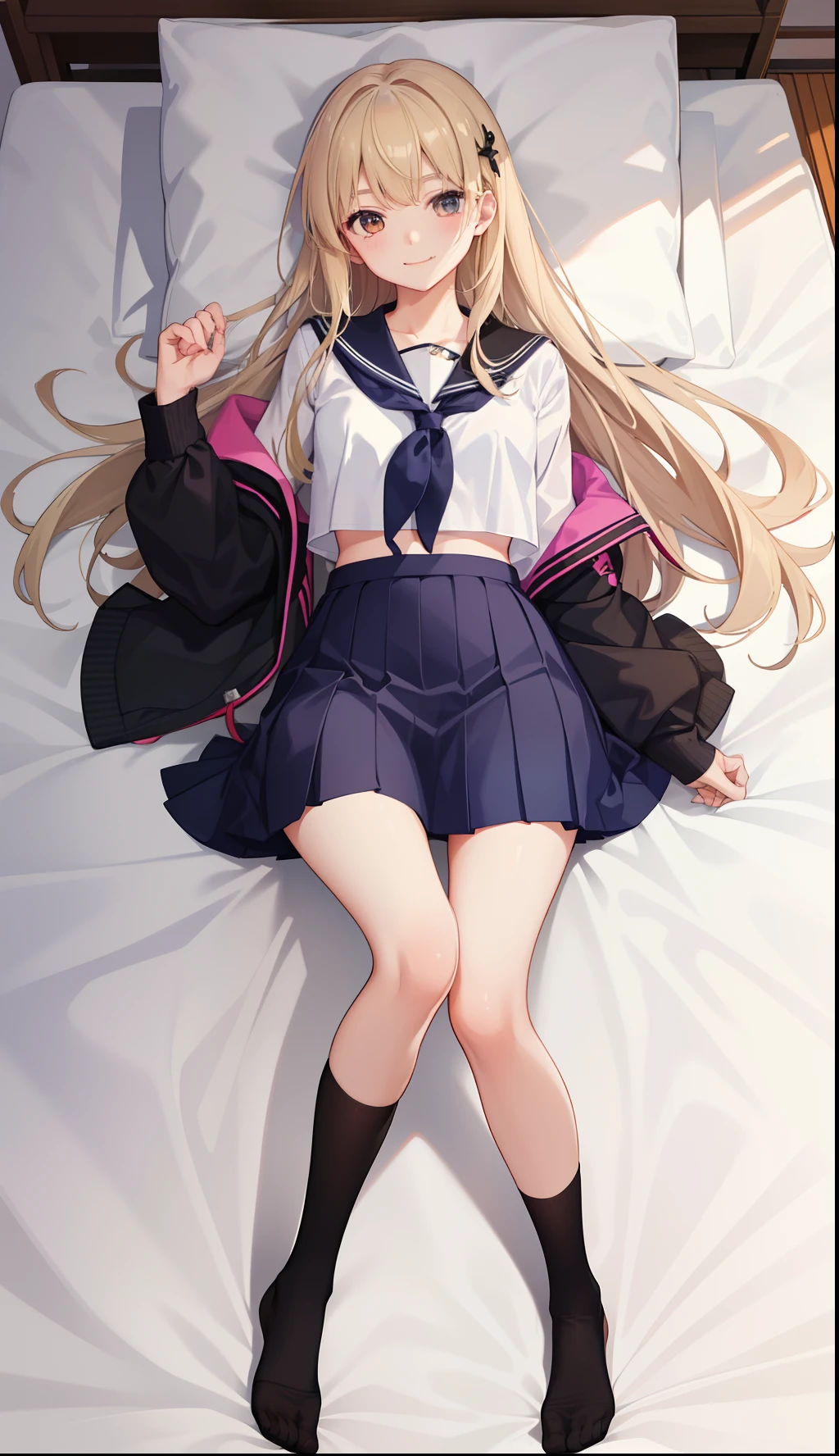 1girl in、A smile、The shirt、skirt by the、（small tits）Chilarism、Japan High School Student Uniform、serafuku、summer clothing、（Sheer Bra）、Upper body portrait、blonde  hair、s asleep、Sleeping in large letters、