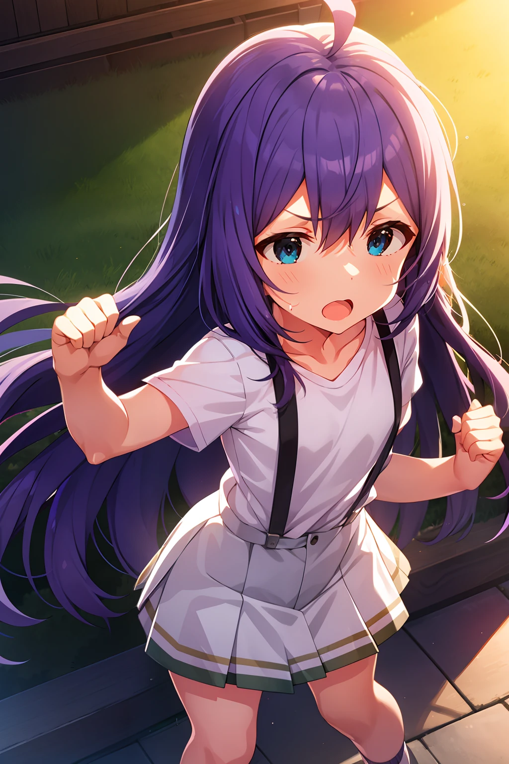 mochizuki anna,1girl in,Solo,Long hair,Purple hair,Medium chest.Ahoge,Blue eyes.Short stature.white t-shirts.suspenders.Skirt.Evening glow.the setting sun.Despair face.Sweat.Opening Mouth.up chest.Fighting stance.look from above.