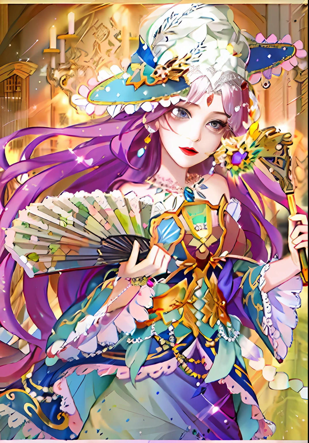 Close-up of the person holding the fan in the room, royal elegant pose, Detailed key anime art, ((a beautiful fantasy empress)), Marin Kitagawa fanart, Official artwork, adorned in majestic attire, high detailed official artwork, offcial art, Official anime artwork,,official character art, in a fancy elaborate dress