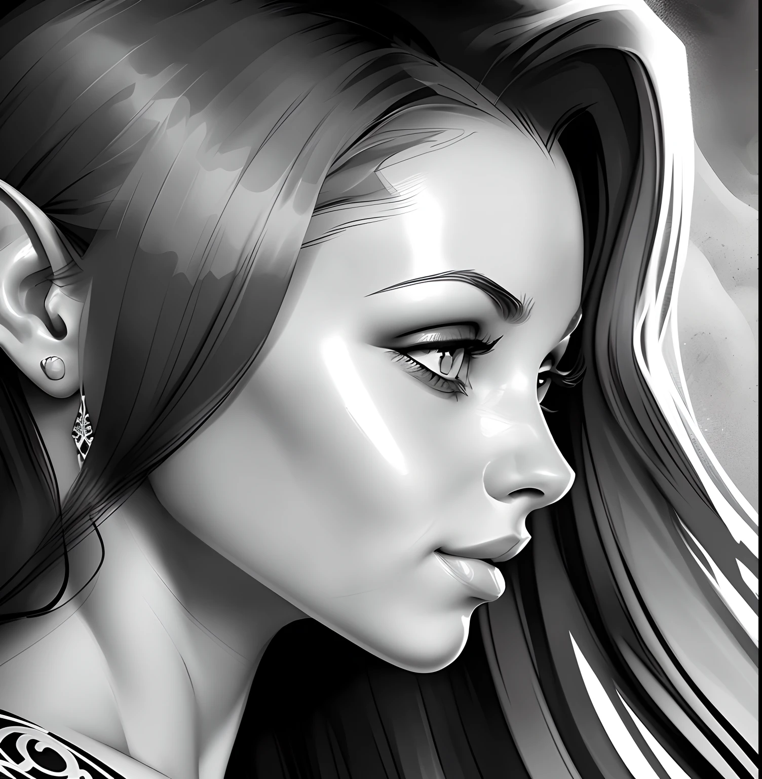 a black and white drawing of a woman with long hair, official illustration, portrait of destiny from sandman, line art portrait, extremely detailed woman, detailed woman, black and white vector art, thin line art, detailed beauty portrait, detailed character portrait, detailed digital drawing, side profile cenetered portrait, side portrait of elven royalty