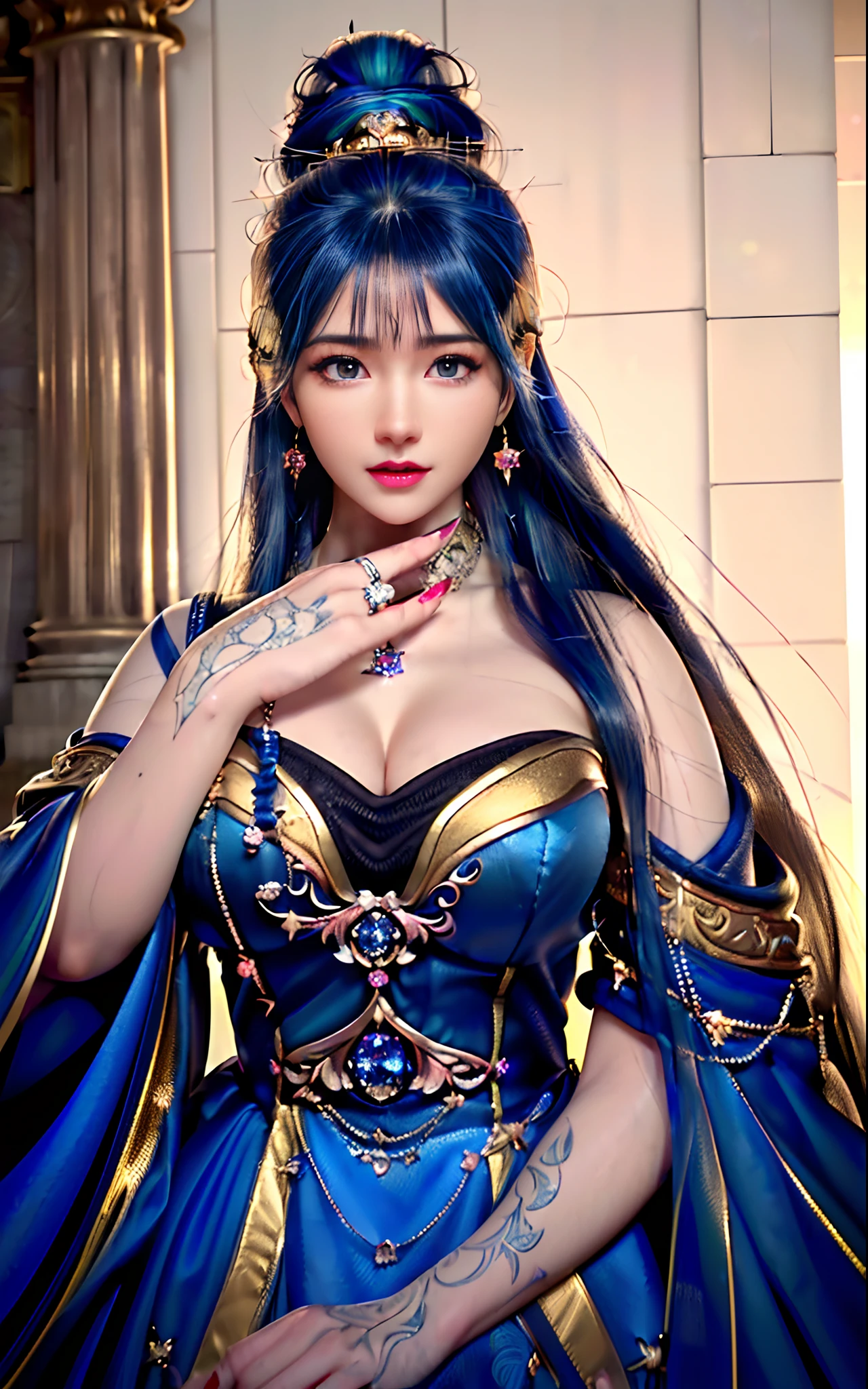 ((realisticity: 1.2)), ((realistic: 8K UHD)), ((best resolution: 8K UHD)), hyper detailed, best quality,masterpiece,highres,cg, ((1 girl hyper detailed and hyper realistic) ) , ((beautiful queen, hyper realistic and hyper detailed)),((white skin, beautiful, smooth, youthful, hyper realistic and hyper detailed )), ((Face hyper beautiful, white, hyper realistic and hyper detailed ) ), long hair, ((hyper realistic and hyper detailed dress)), solo, ((hyper realistic, hyper beautiful, beautiful and hyper detailed jewelry)), ((hyper beautiful deep red and golden yellow dress, hyper realistic and hyper detailed )) , ((Her pretty, hyper realistic, hyper detailed diamond filled earrings)), ((Her gorgeous diamond haircut, hyper realistic and hyper detailed)), ((hyper pretty upper body, hyper beautiful, hyper realistic and hyper detailed) ), ((medium breast: 1.1)), ((hyper realistic, hyper pretty, hyper detailed boobs)), ((the backgroun of the royal palace is hyper majestic, hyper realistic and hyper detailed)),((hands and palms hyper beautiful, hyper detailed, hyper realistic)), ((hyper detailed and hyper realistic fingers and fingernails)), ((hyper pretty fingernails, hyper vivid, hyper detailed, hyper realistic)), ((thumb, index finger, middle finger, ring finger, little finger hyper vivid, hyper pretty, hyper detailed, hyper realistic)),
((hyper beautiful fingers, hyper detailed, and hyper realistic)), ((posture not too fat and not too thin, hyper realistic, hyper detail)), ((hyper pretty, hyper pretty, hyper realistic and hyper detailed hair bun)), ((hyper pretty , hyper realistic and hyper detailed blue hair)), candid, Photo, high resolution, 8k , bokeh,
