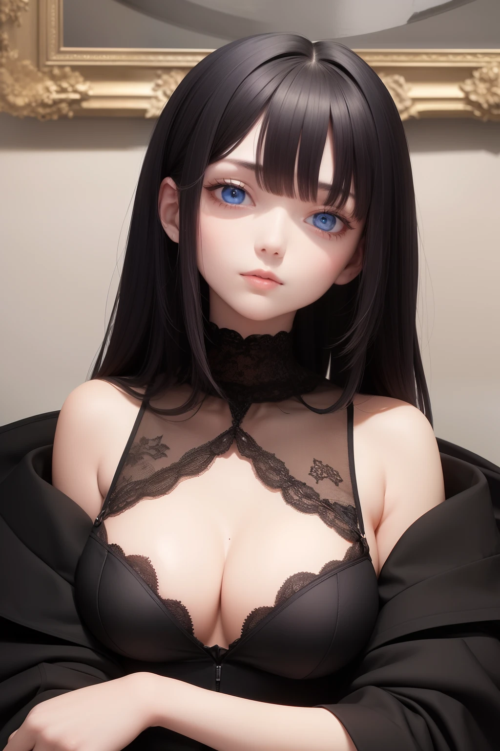 best quality, masterpiece, black hair, blue eyes, looking up, upper body