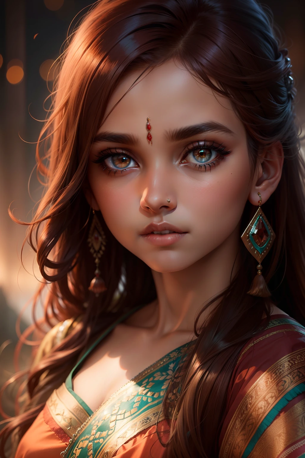 close - up shot, studio photographic portrait of beautiful indian girl in sari, brown reddish hair, eyes with crystal teal iris, haunting, looking at viewer, dynamic lighting, random outdoor wallpaper background, photorealistic, 2 5 mm