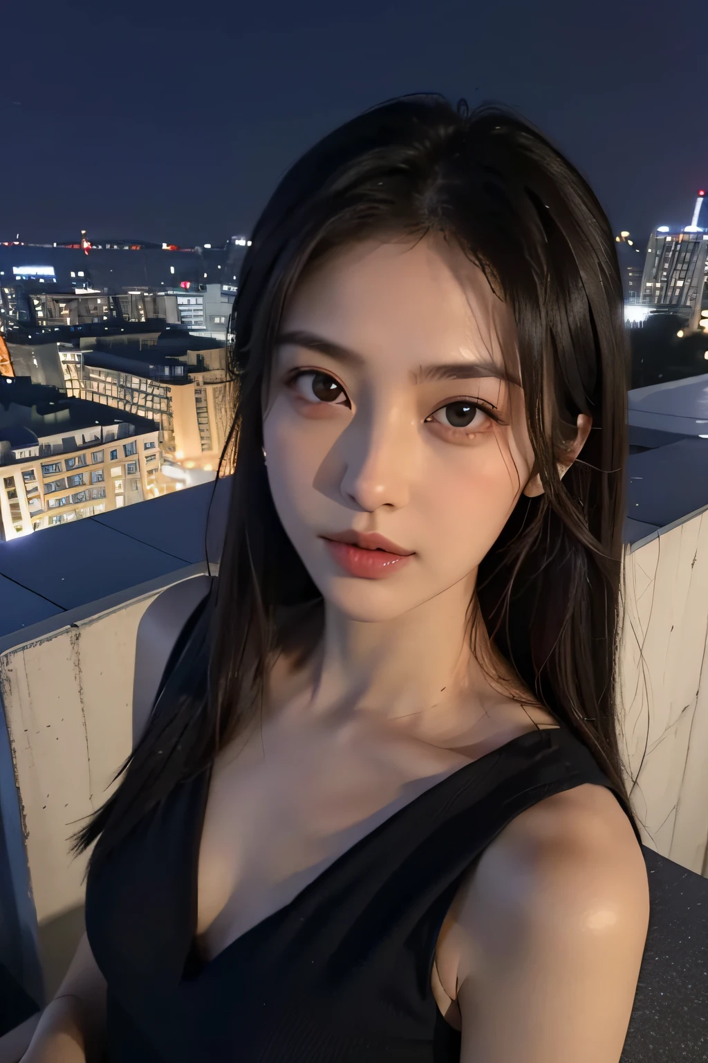 ((mid night、top-quality、8k、masterpiece:1.3)),full bodyesbian,long legged,foco nítido:1.2,Beautiful woman with perfect body shape:1.4,((dark brown hair)),((Night View、On the rooftop:1.3)),Highly detailed facial and skin texture,A detailed eye,二重まぶた,Brown eyes,small and well-balanced nose