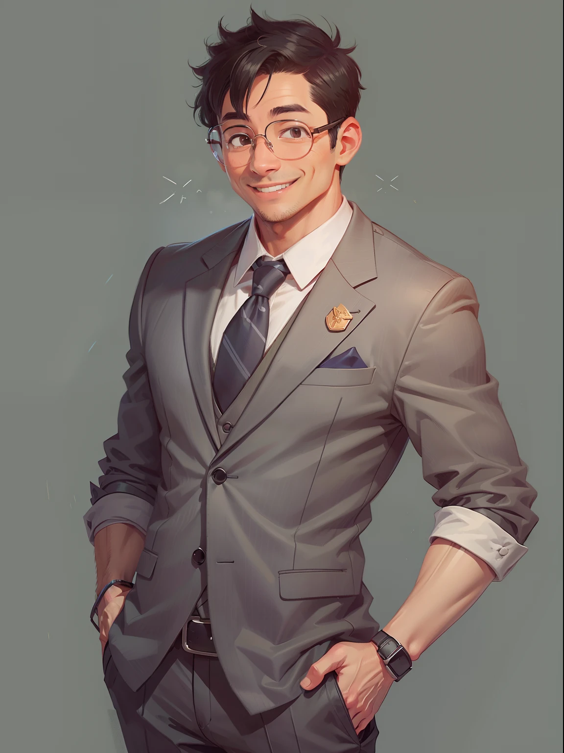 Gray background, simple background, 1 man, teacher, suit, glasses, short black hair, smile, standing, very detailed, best quality, 4K