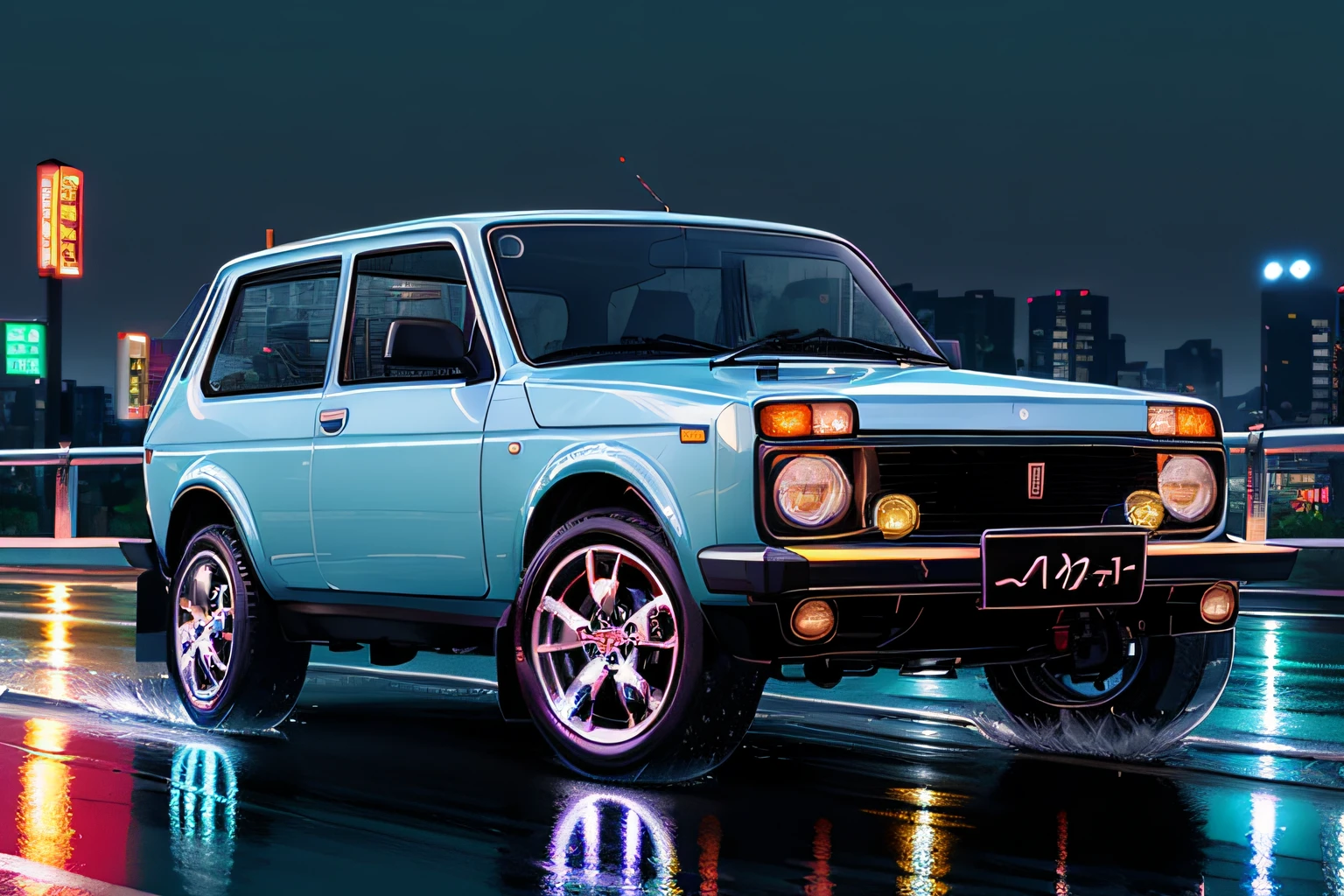 masutepiece,Best Quality,Official art,the Extremely Detailed CG Unity 8K Wallpapers,Illustration, light,Car, Bright, motor car, ground vehicle, sportscar, vehicle focus, mountain road, Need for Speed, moving, Wet, (Night, Midnight:1.5), Cyberpunk, tokyo prefecture,neon light,drift,  VAZ2121