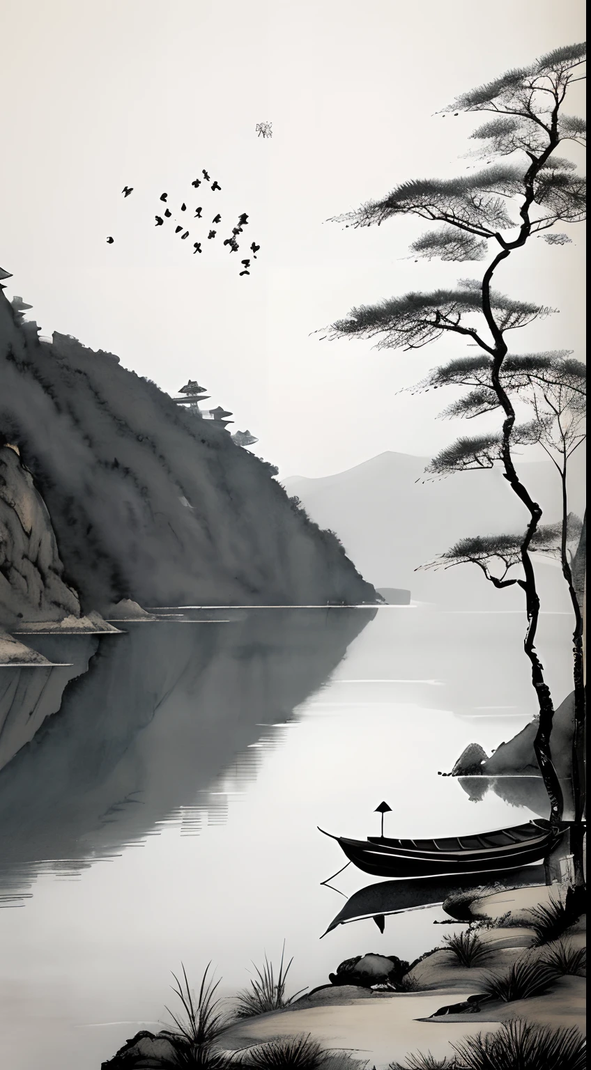 ink and watercolor painting，Draw on rice paper，Use thick and light ink to create light and dark variations and layers，Pick the right ink color，Such as deep black、Thick gray、Light coffee, etc，to express different situations and atmospheres，Control the gradient and transition of ink color by the humidity and consistency of the ink，mont，Eau，the trees，Snowflakes flying in the sky，Lake surface，Small broken boat，Bleak, Desolate, Solitude，A huge full moon rises over the horizon，eventide，wide wide shot，Cool moonlight，Black and white tones，The background is a snowy scene,There are dead trees on both sides of the picture， Traditional Chinese Ink Painting, Traditional Chinese art, author：Guo Xi, author：Ma Yuanyu, Traditional Chinese painting, author：Xu Xi, author：Luo Mu, author：Yang Buzhi, author：Li Kelan, author：Gu An, Ink painting ) ) ) ), Chinese ink painting, Chinese painting style