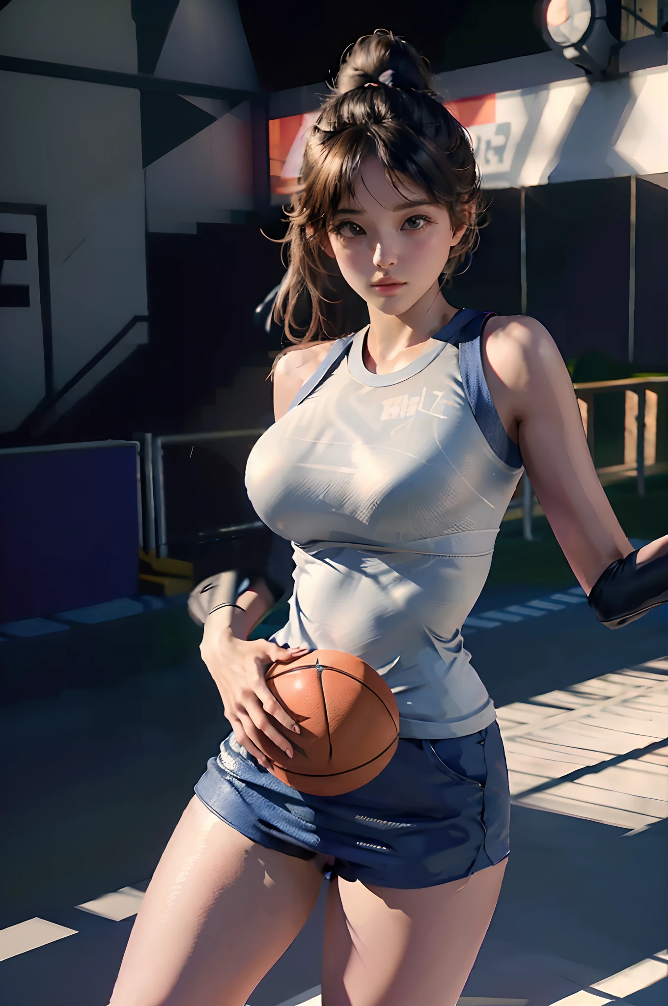 (RAW photo, 4k, masterpiece, high resolution, extremely complex) (realistic: 1.4), cinematic lighting
1 Girl, Solo Focus, Summer Noon, Hot, 1990s\(Style\), (Best Quality), (Highres), (an Extremely Delicate and Beautiful),,(Beautiful 8k face),(Brown eyes),(ulzzang-6500:1.0),(solo),(Looking side),( spectators),(large breasts),(NBA),bent over,,lookside,(side), ,(Basketball sportswear),((Play basketball)),((gymnasium)),((speed)),(reality),