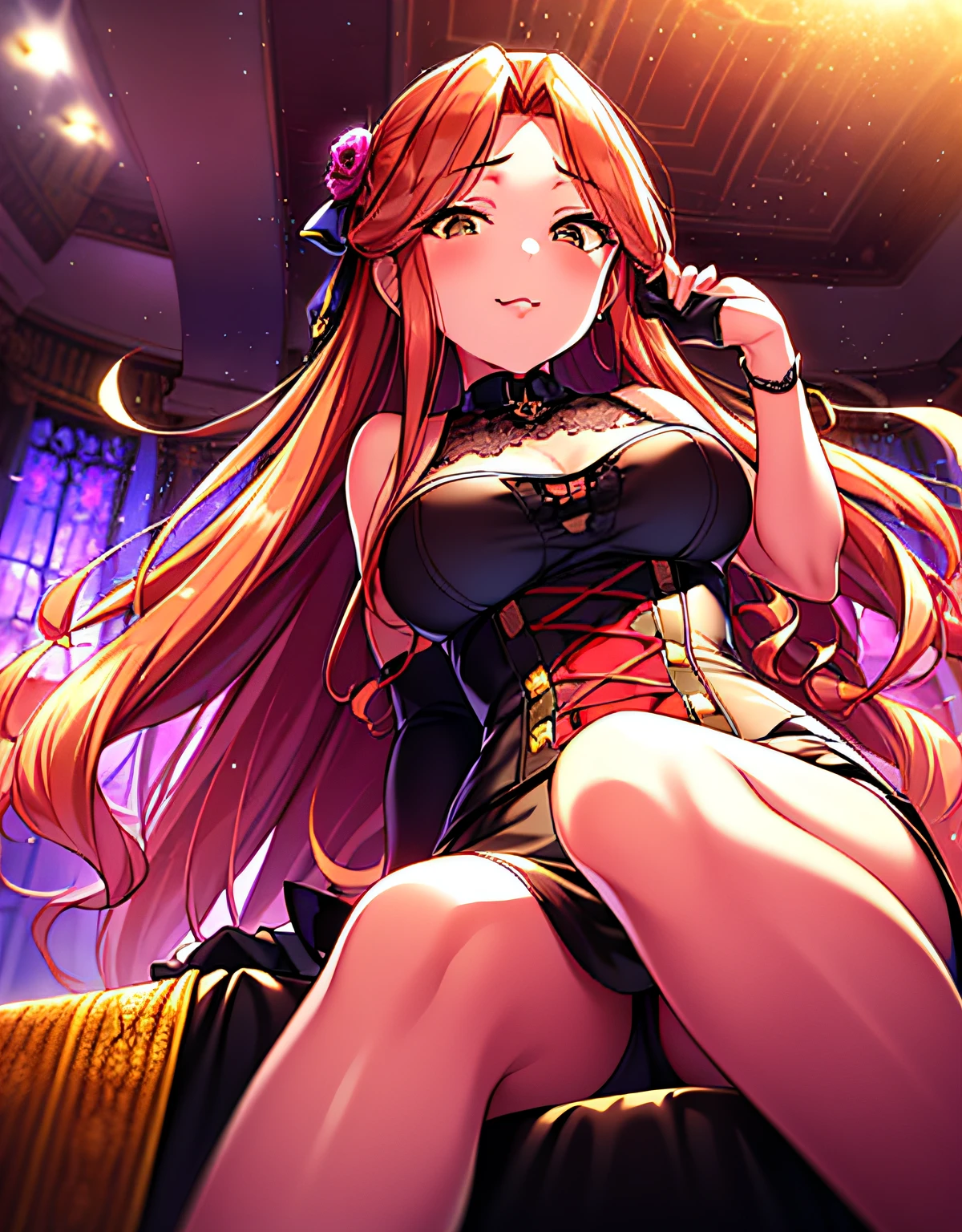 (((Best quality))), ((Ultra-detailed)), ((illustration)), ((Disheveled hair)), ((frilld)), (1 girl), (Solo),
From_Below，
Reflectors，
lens_flare，
lamp lights，
Looking_at_peeping at the viewer，
Sitting，
Sun，
Sunlight，
Sunset，
Rating:safe，