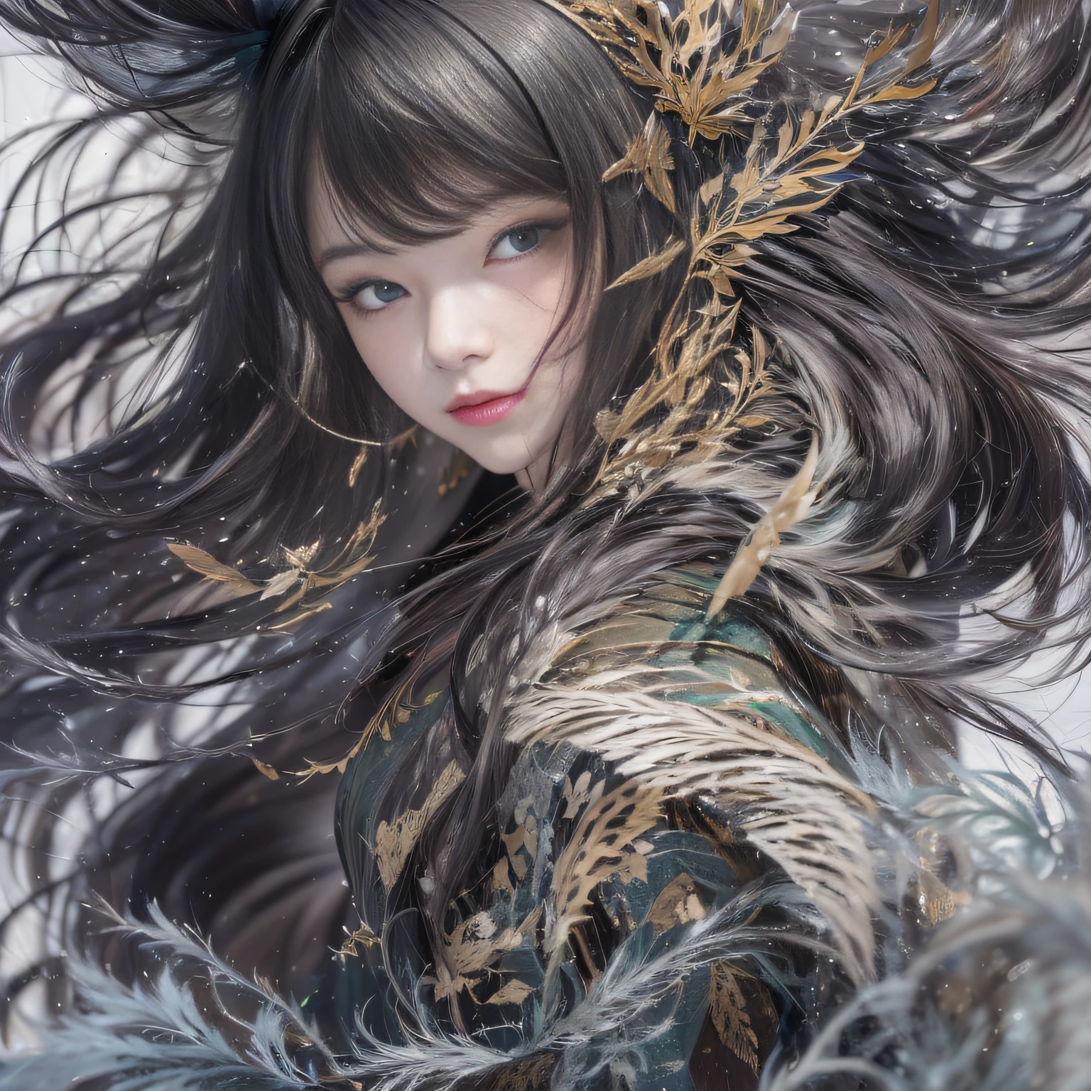 32K(tmasterpiece,k hd,hyper HD,16k)Long flowing black hair,Backroom pond,zydink, Mono Color, Ink sketch, (brunette color hair), Asian people (drunk woman), (Long skirt, Explosive hair whiskers), Combat posture, looking at viewert, Long black hair, flowing dark hair, Hanfu, Chinese clothes, longer sleeves, (abstract ink splash:1.2), white backgrounid,Kirin Beast Protector (realisticlying:1.4),,Snowflakes fluttering,The background is pure, A high resolution, the detail, RAW photogr, Sharp Re, Nikon D850 Film Stock Photo by Jefferies Lee 4 Kodak Portra 400 Camera F1.6 shots, Rich colors, ultra-realistic vivid textures, Dramatic lighting, Unreal Engine Art Station Trend, cinestir 800,