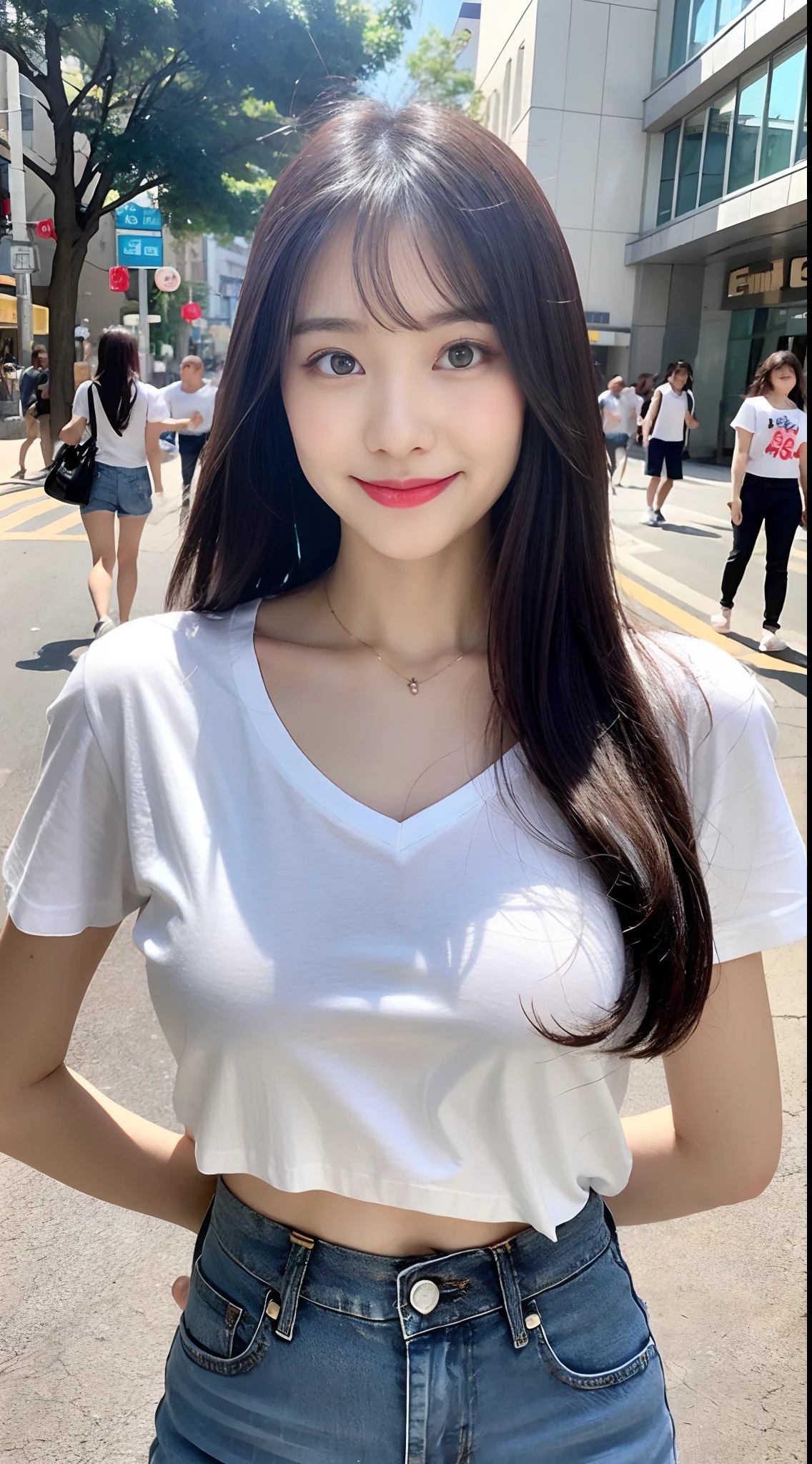 Cute girl in white t-shirt and denim skinny pants poses in the middle of the street, Young but sexy body, tiny chest、small tits, innocent smiles、enticing、Seductive、funny pose、Unique Pose、Boy's sexiness